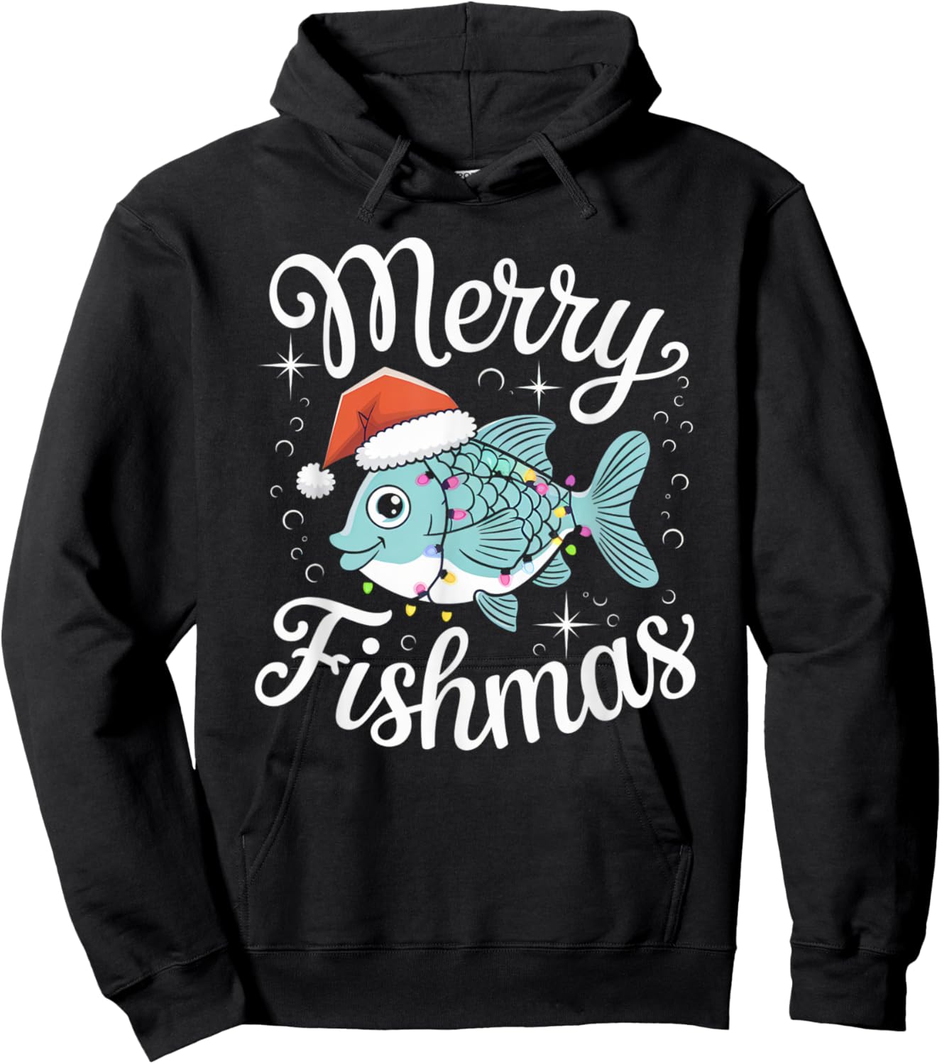 Merry Fishmas Cute Fish Christmas Decor with Santa Hat and Hoodie - Hoodie | Black