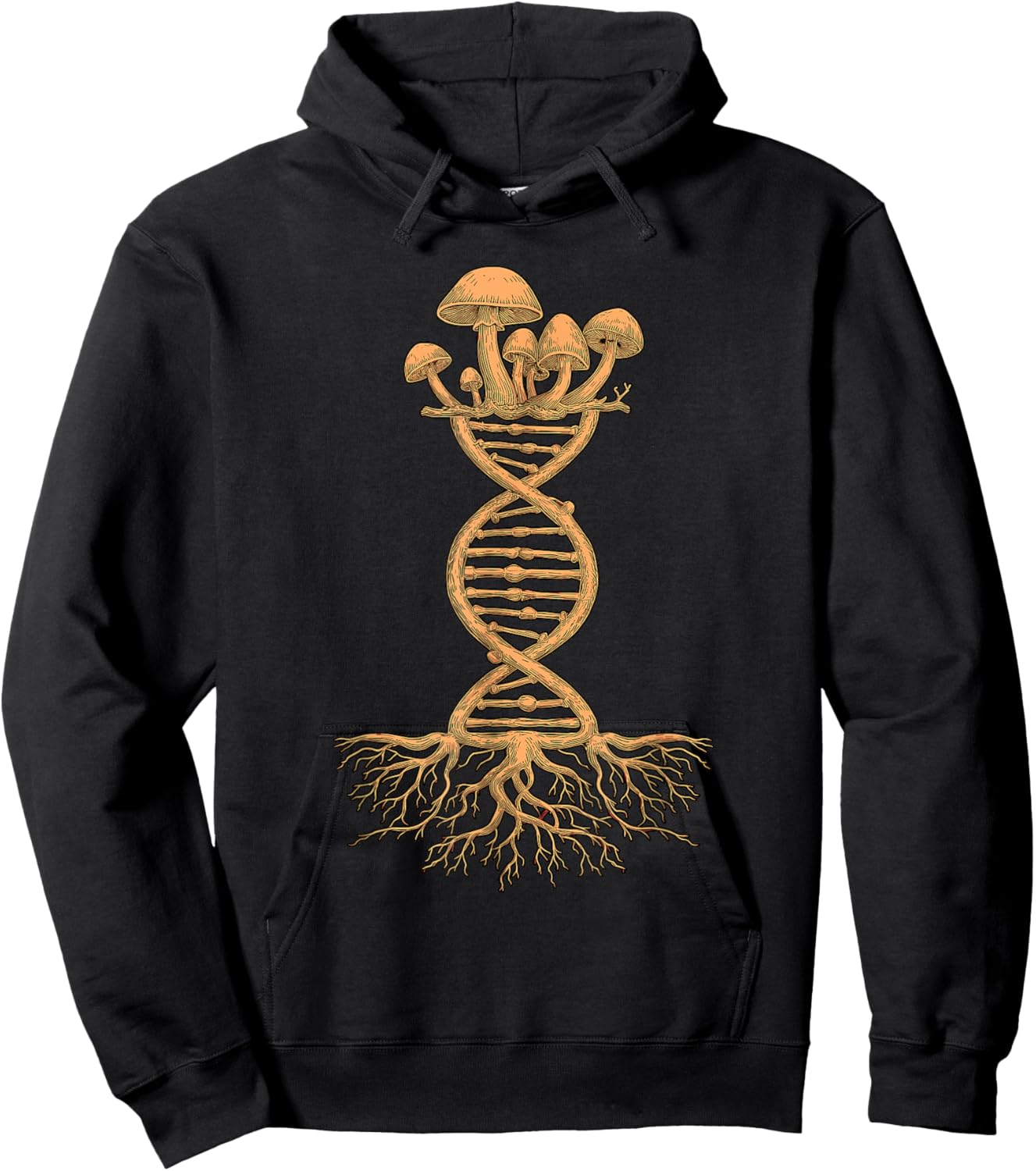 Mushroom DNA Helix Design with Roots and Fungi Artwork Hoodie - Hoodie | Black