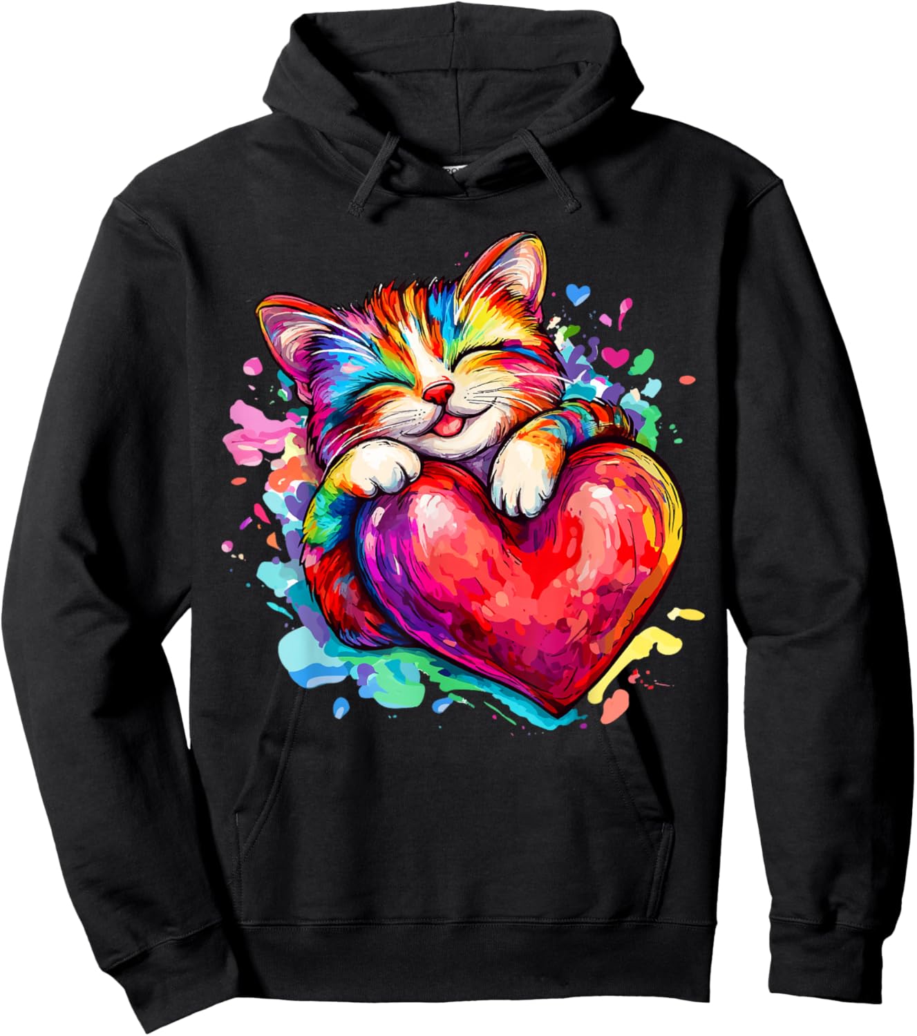 Cat Kitty Hugging Valentine Heart Rainbow Love Hoodie - Hoodie | Black