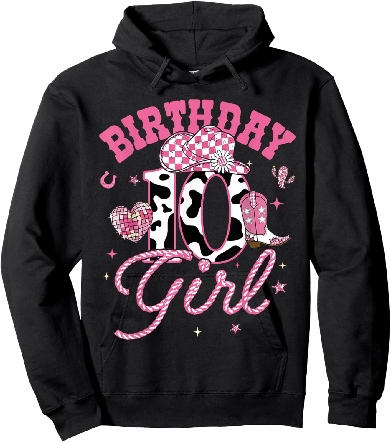Kids 10 Year Old 10th Birthday Pink Cowgirl Birthday Girl Hoodie - Hoodie | Black