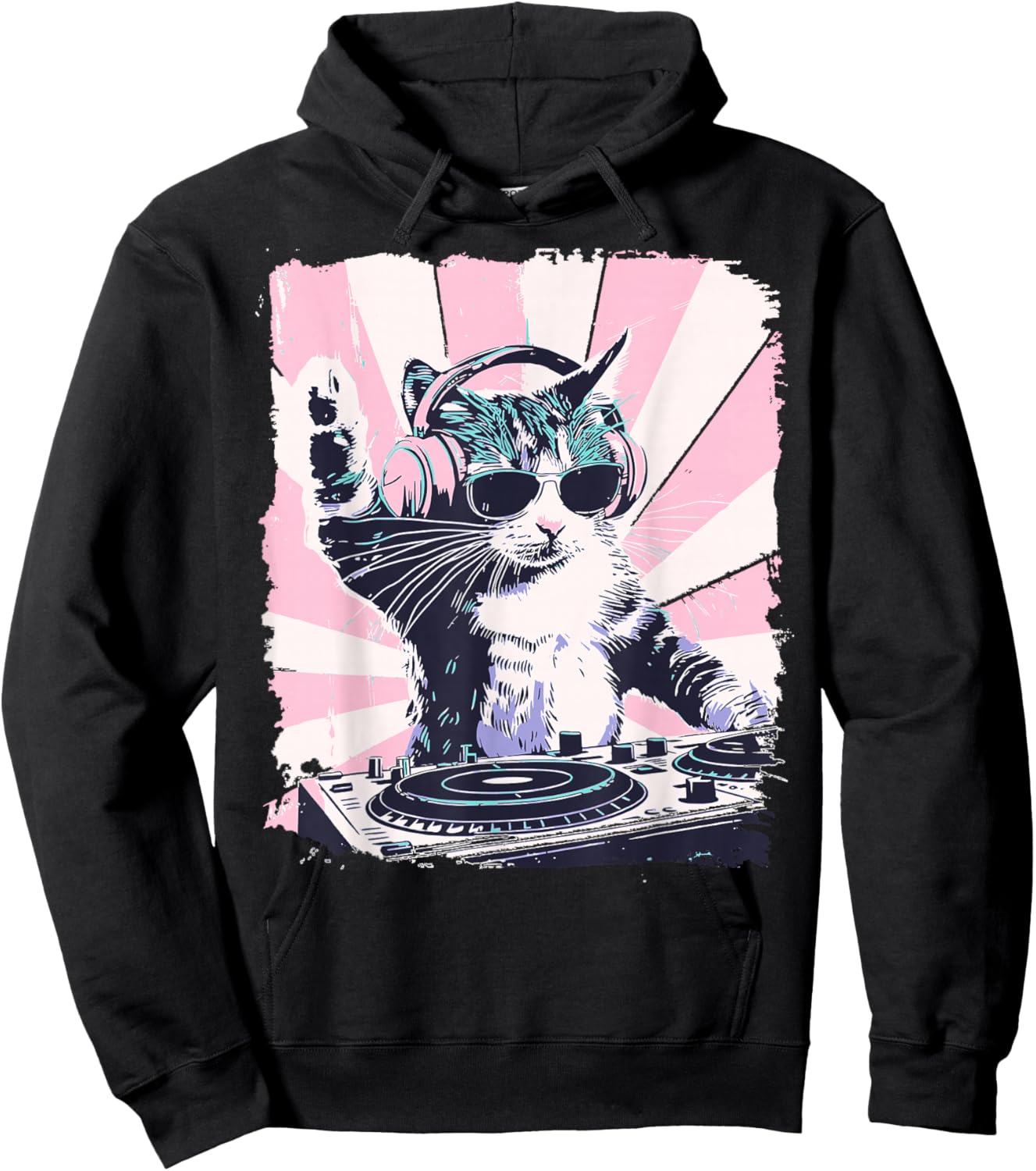 Funny DJ Cat with Headphones Retro Music Lover Art Hoodie - Hoodie | Black
