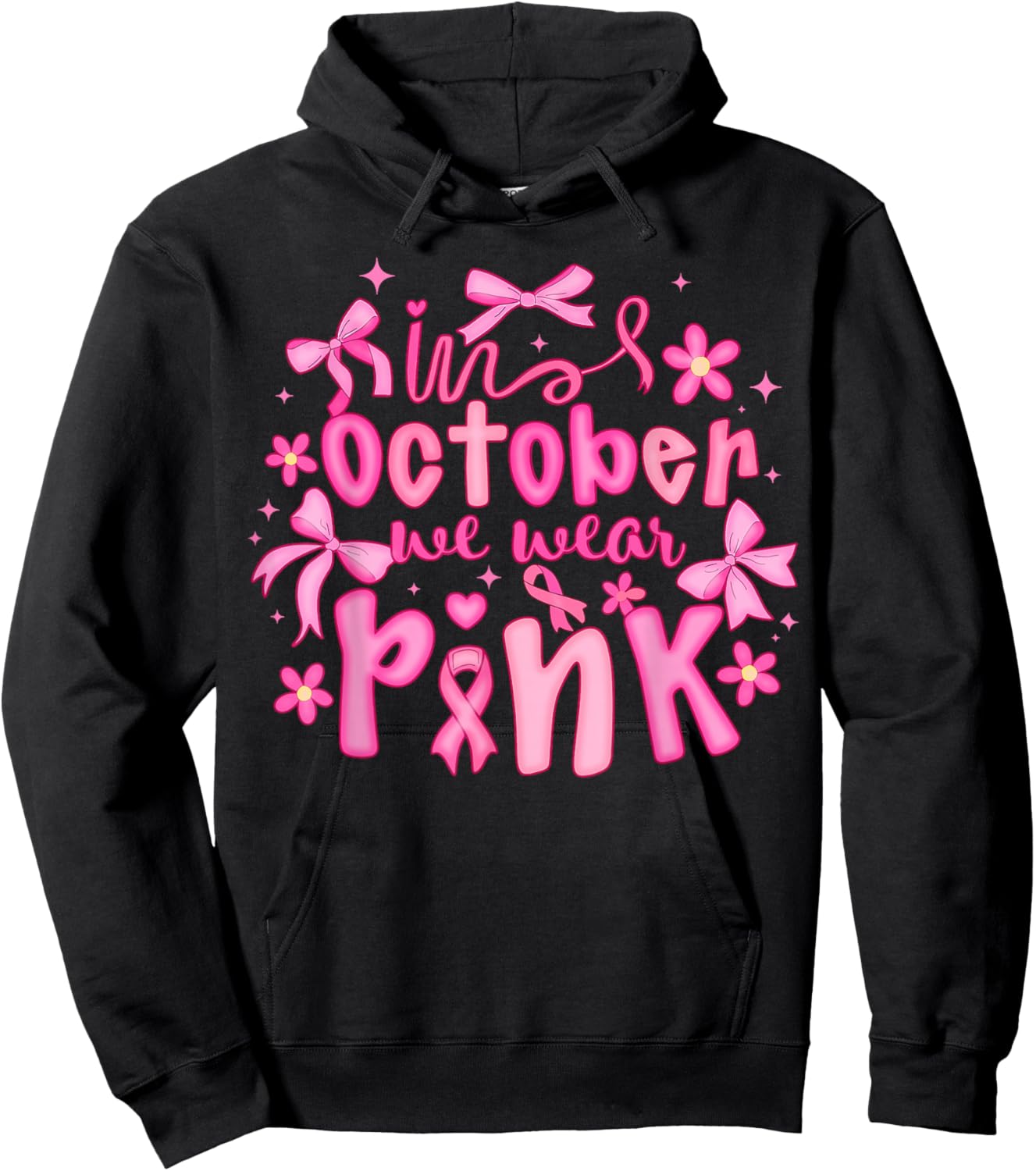 in October We Wear Pink Coquette Bow Breast Cancer Awareness Hoodie - Hoodie | Black