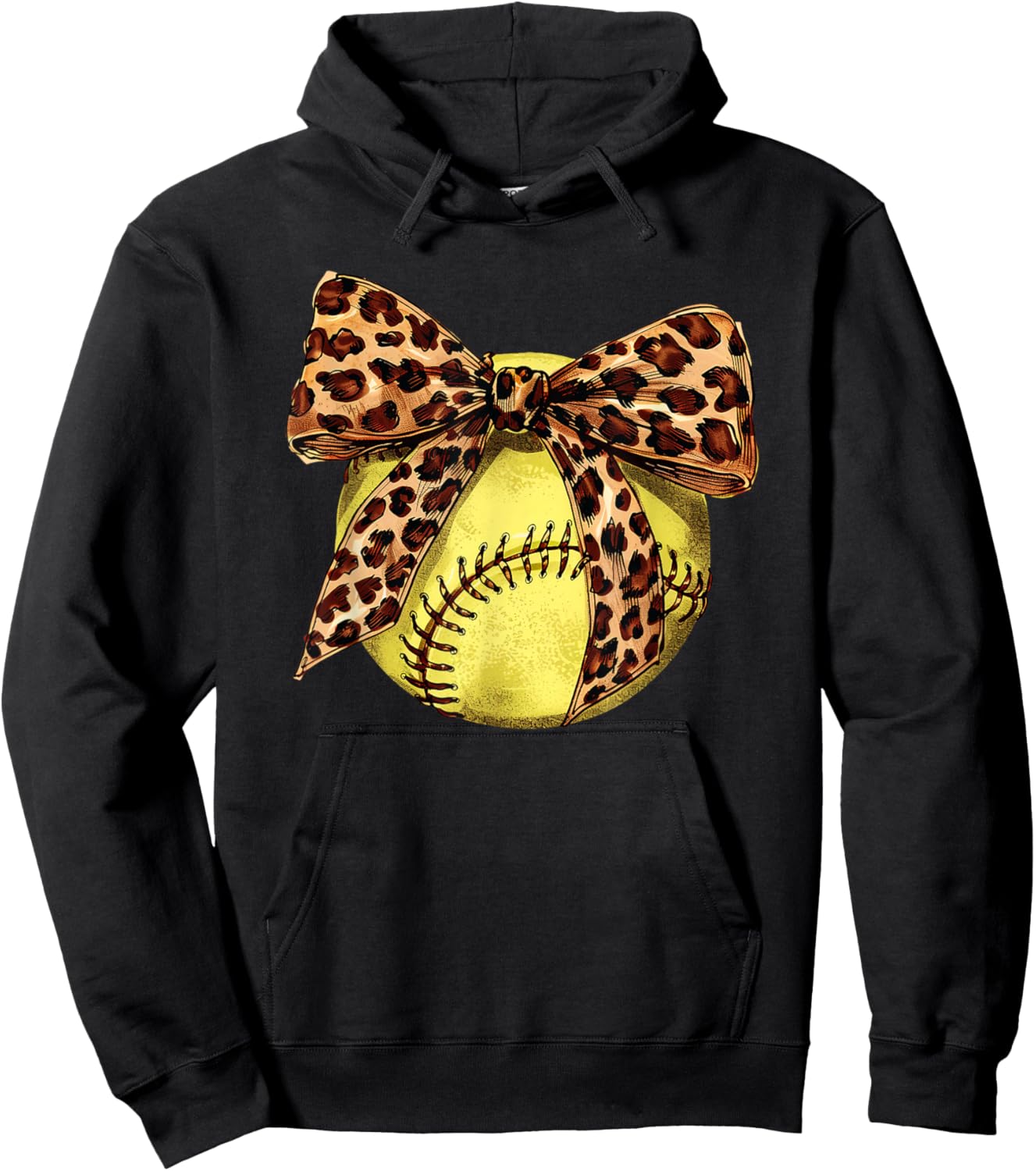 Girls Softball Leopard Animal Print Bow Ribbon Mom Daughter Hoodie - Hoodie | Black