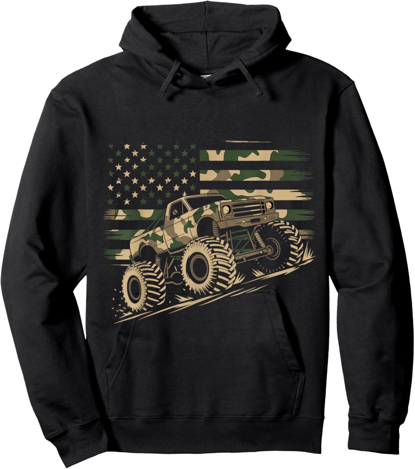 Monster Truck Camo USA Flag Patriotic July 4th Adventure Hoodie - Hoodie | Black