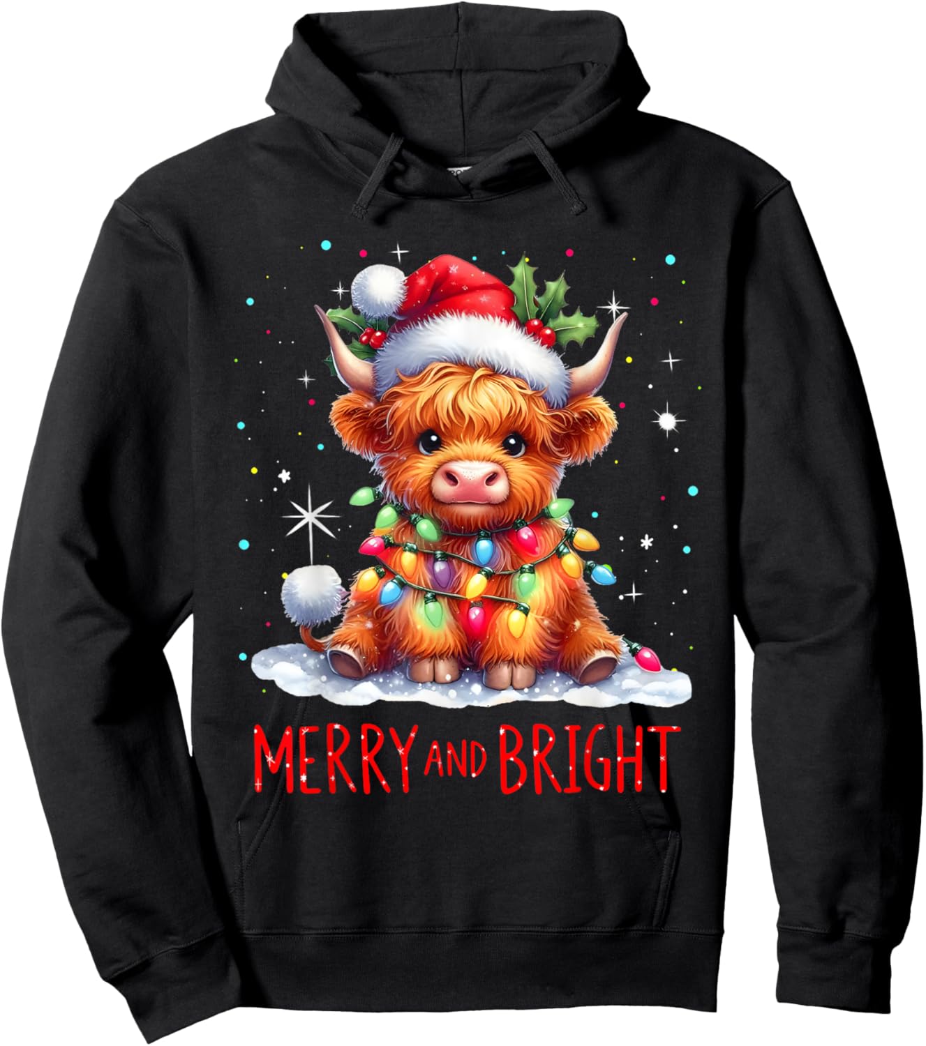 Cute Highland Baby Cow Christmas Lights Merry & Bright Xmas Hoodie - Hoodie | Black
