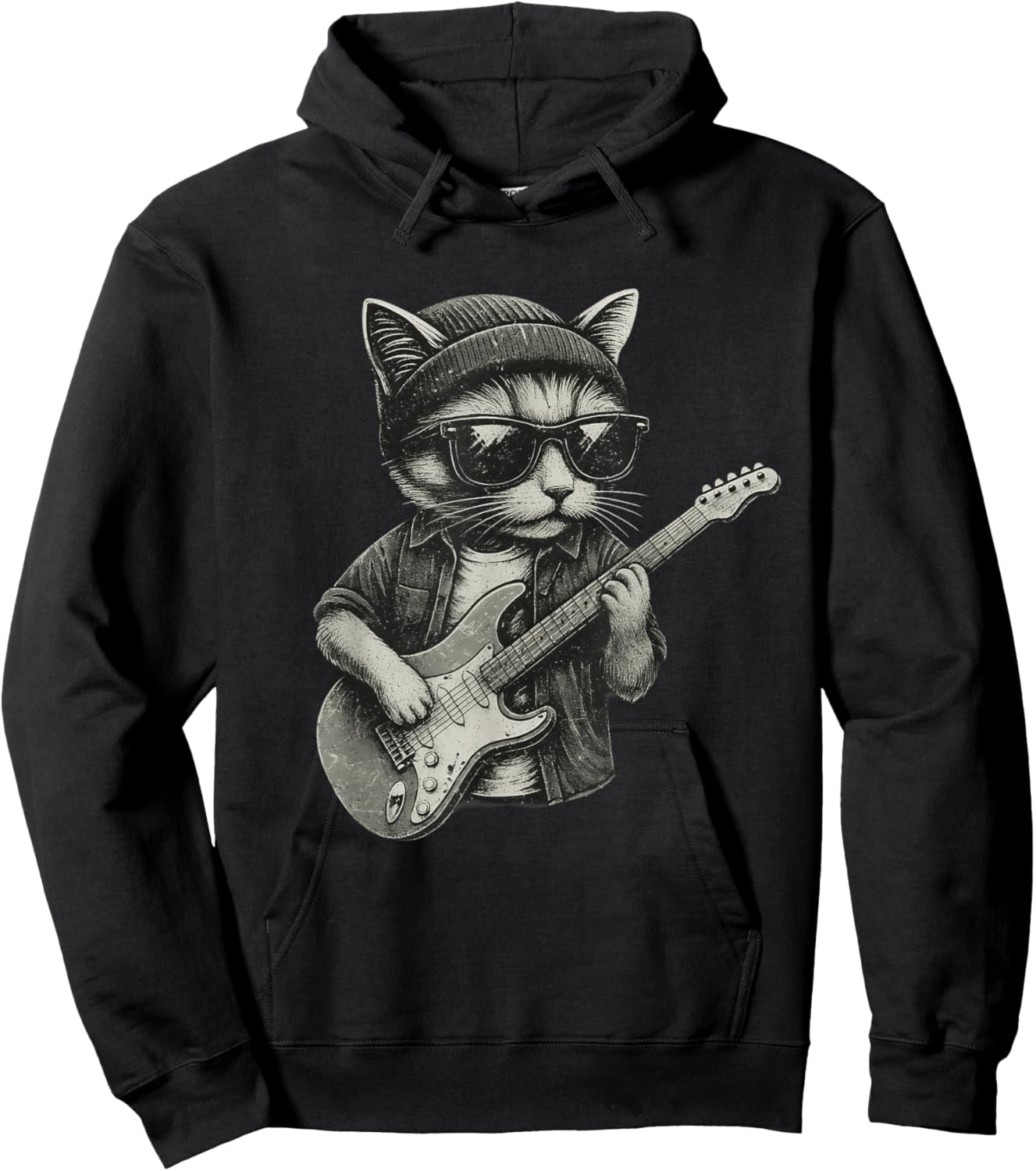 Chill Cat Playing Guitar Rock Music Funny Animal Hoodie - Hoodie | Black
