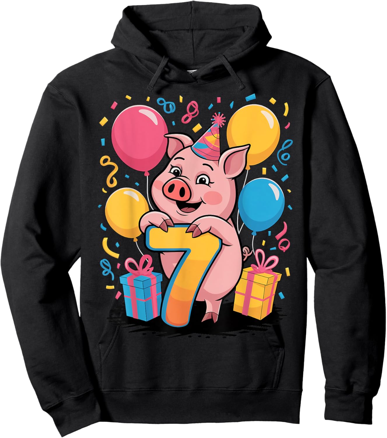 Pig 7th birthday for boy girl 7 years old seventh seven Pig Hoodie - Hoodie | Black