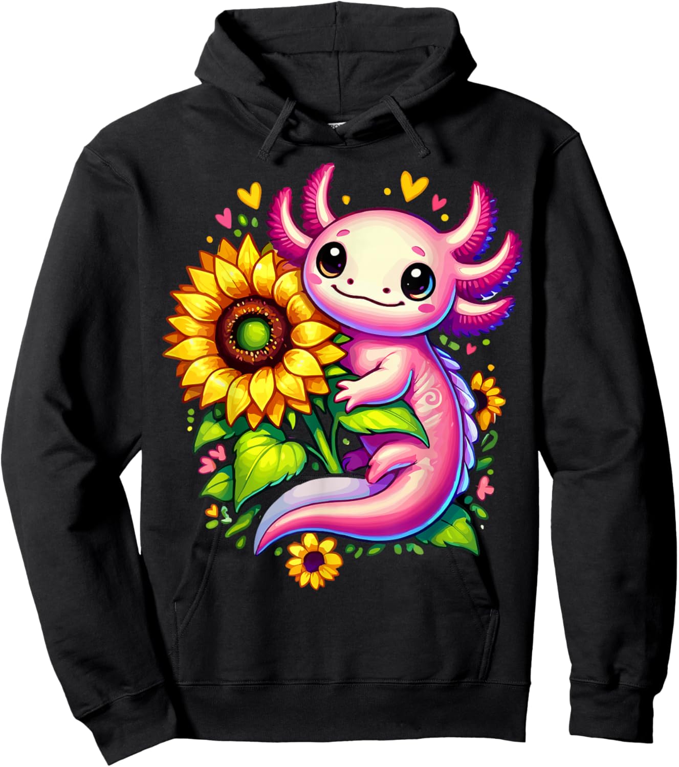 Colorful Axolotl Sunflower Kawaii Hoodie - Hoodie | Black