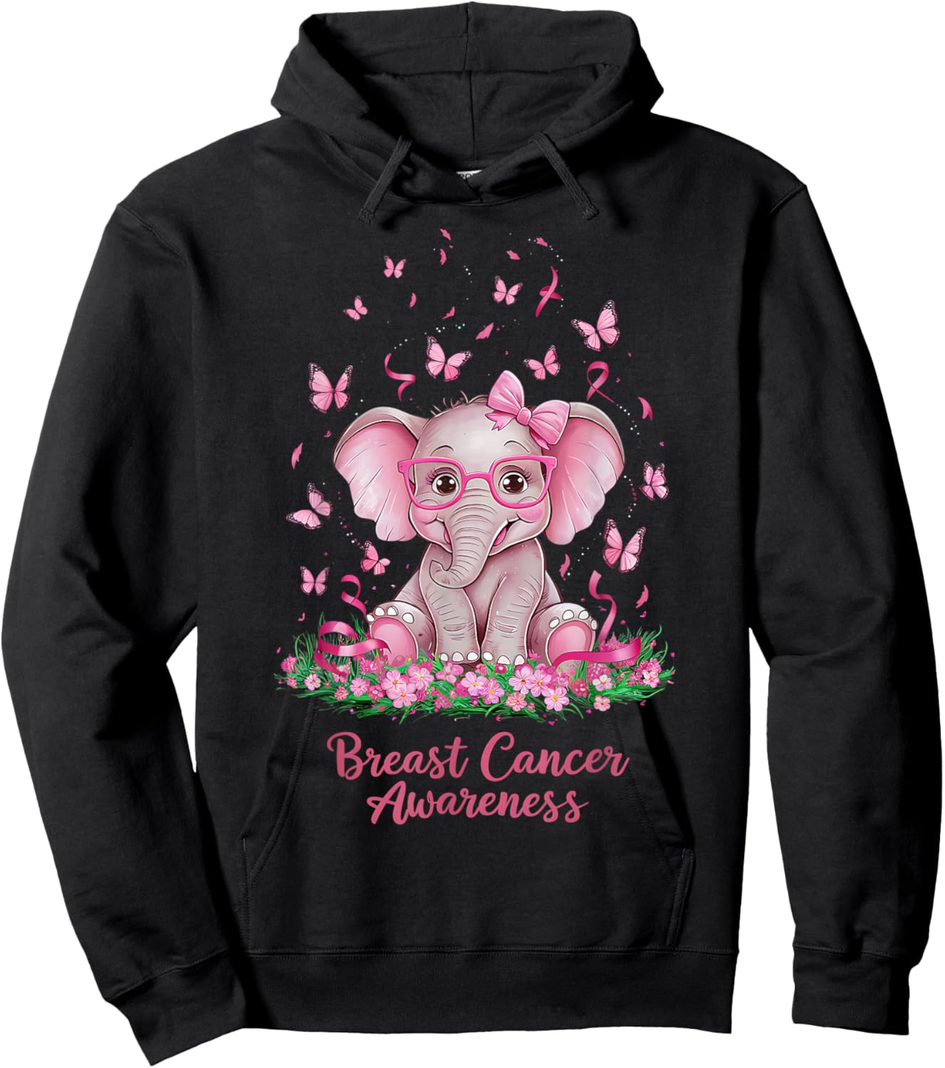 Pink Ribbon Breast Cancer Awareness Cure Elephant Hoodie - Hoodie | Black