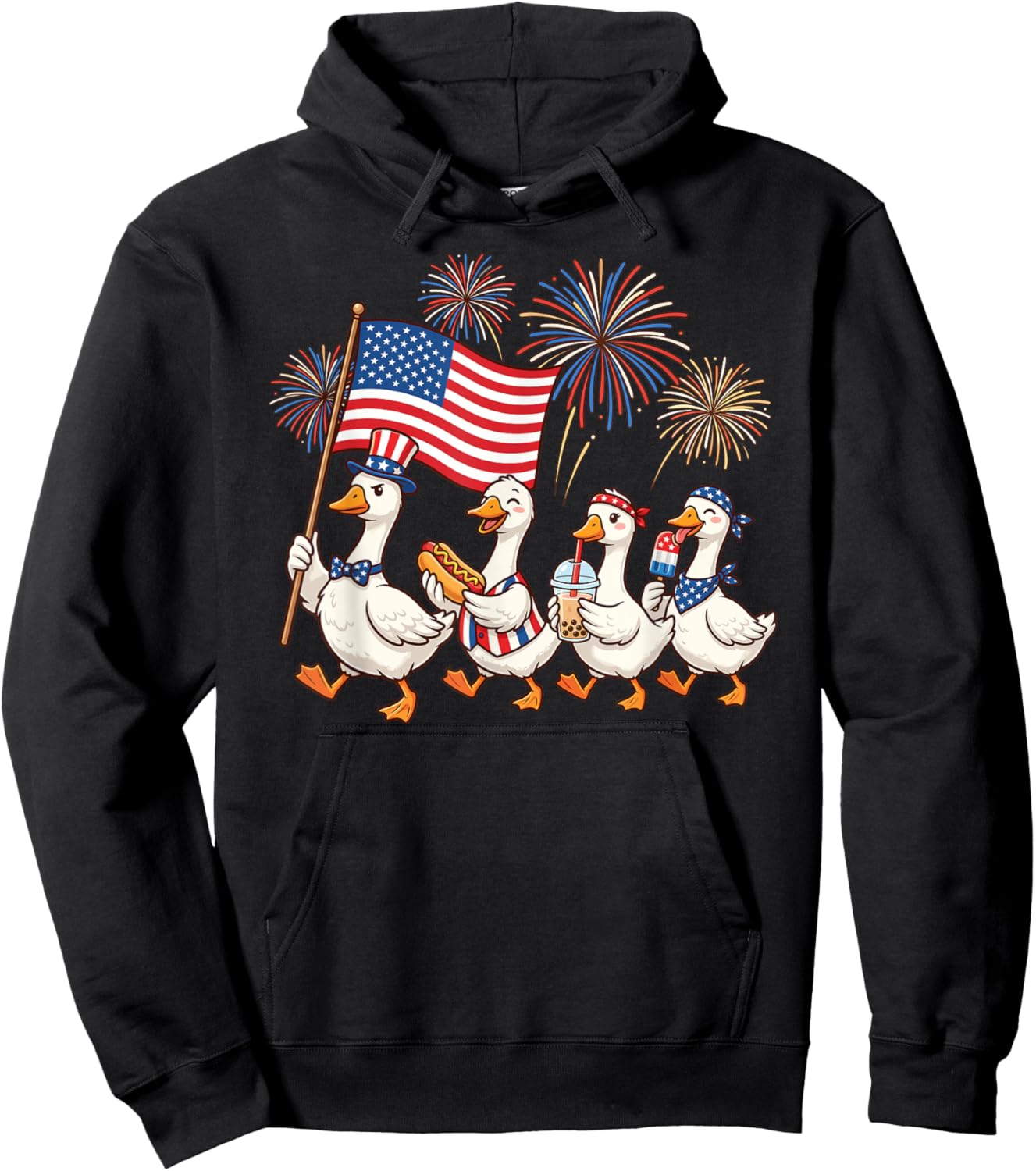Funny Patriotic Goose Squad Celebrating 4th of July Cute Hoodie - Hoodie | Black