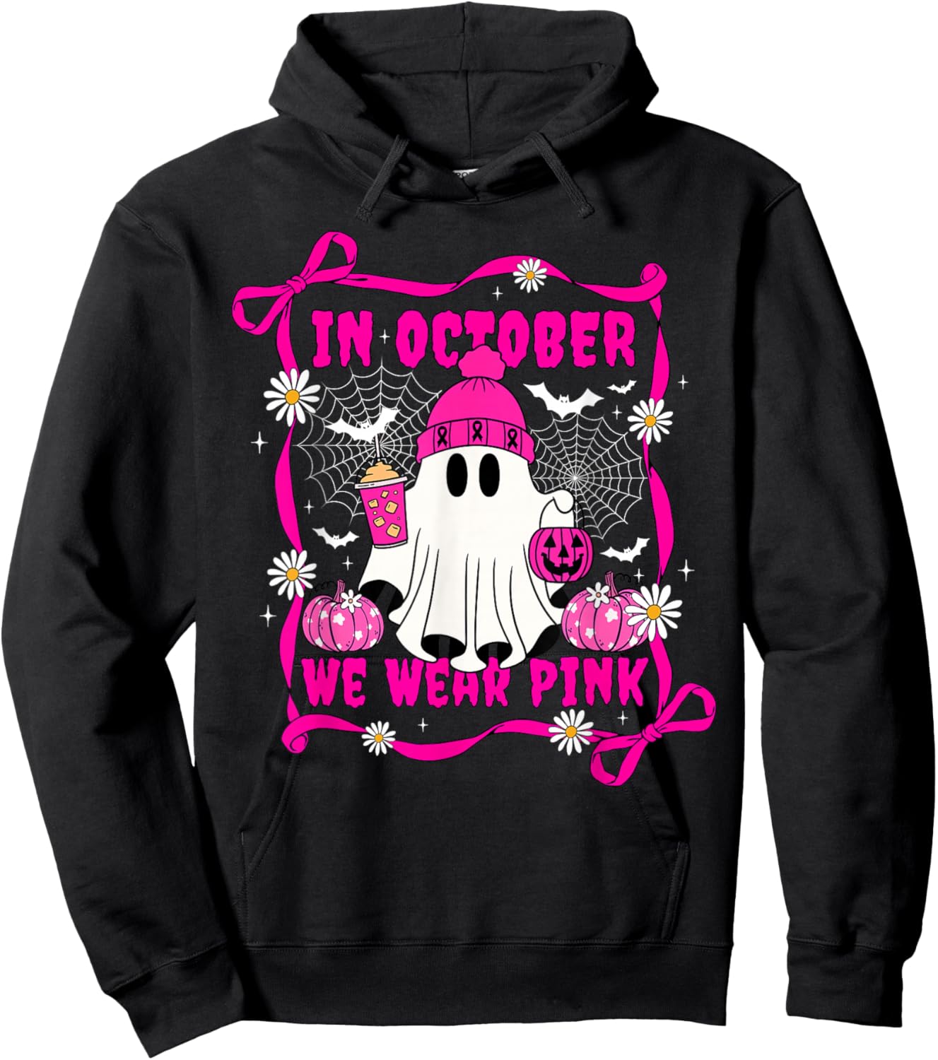 We Wear Pink in October Cute Ghost Breast Cancer Awareness Hoodie - Hoodie | Black