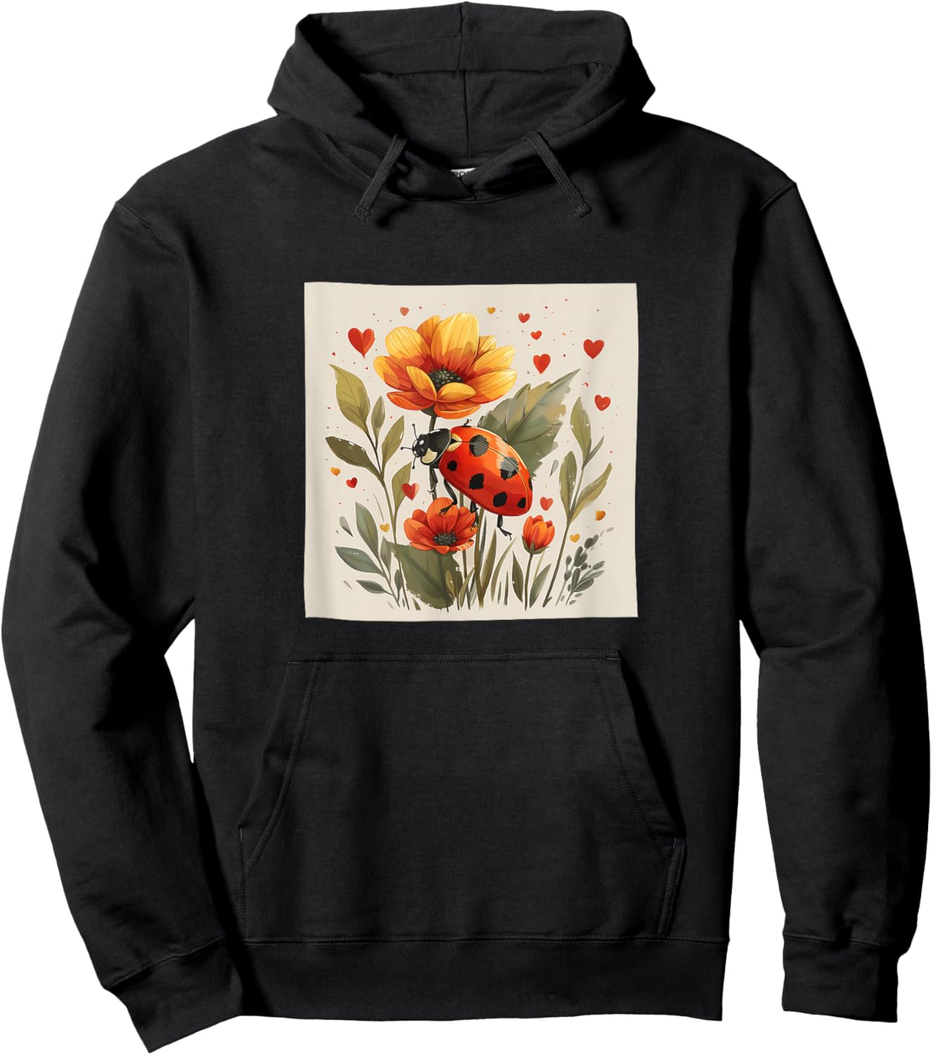 Ladybug Flowers With Hearts Around Boho Style Graphic Hoodie - Hoodie | Black