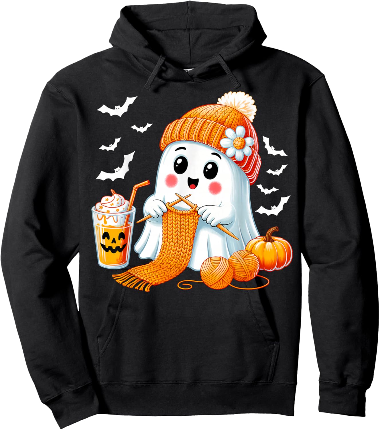 Ghost Crochet Crocheting Knitting Coffee Women Halloween Hoodie - Hoodie | Black