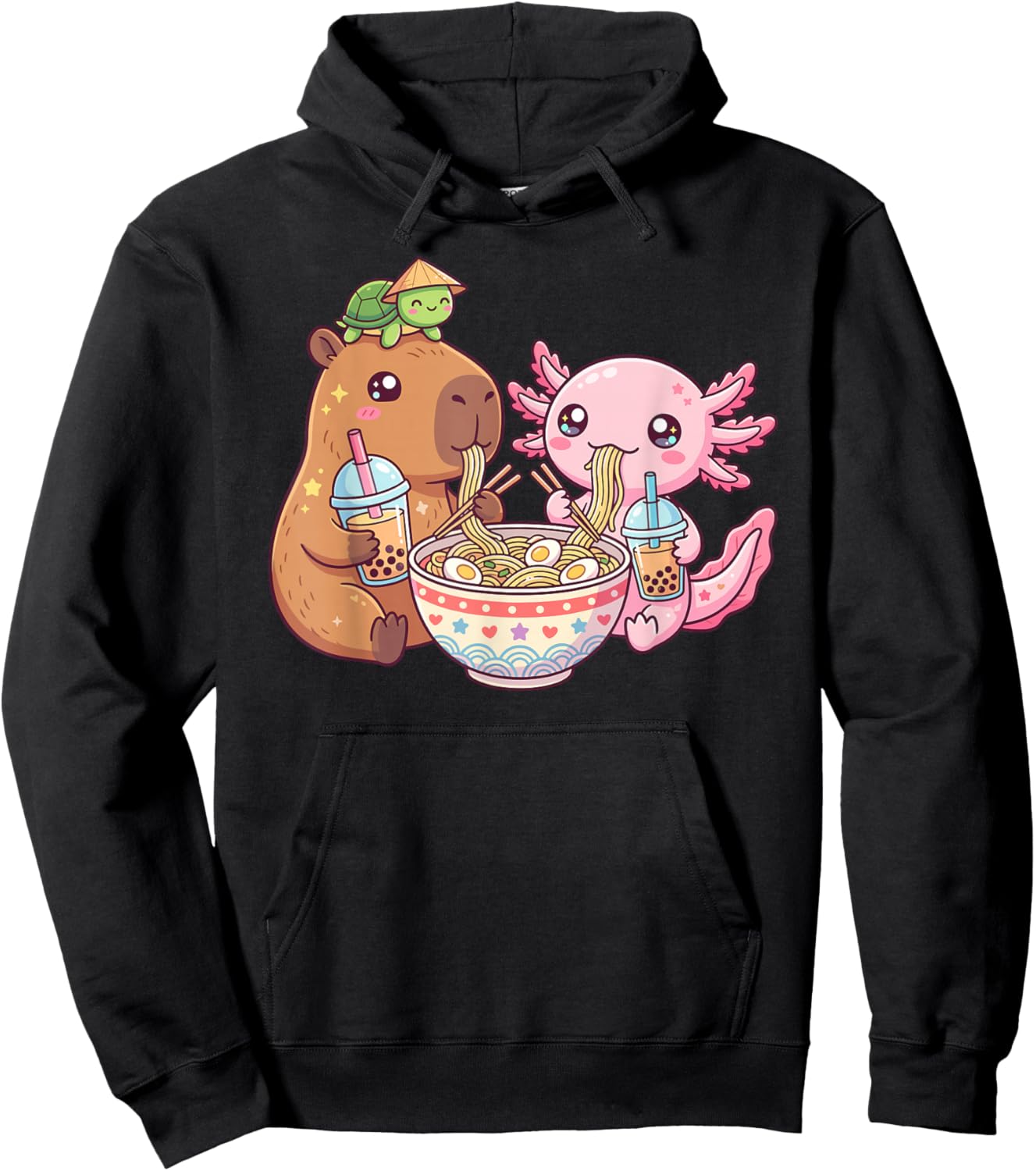Cute Capybara Axolotl Ramen Turtle Bubble Tea Kids Hoodie - Hoodie | Black