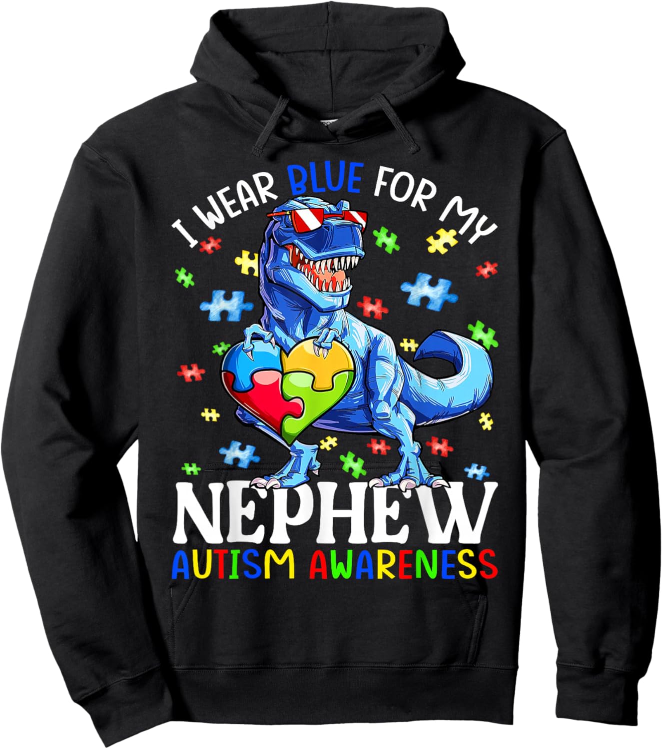 I Wear Blue For My Nephew Autism Awareness Dinosaur Boys Hoodie - Hoodie | Black