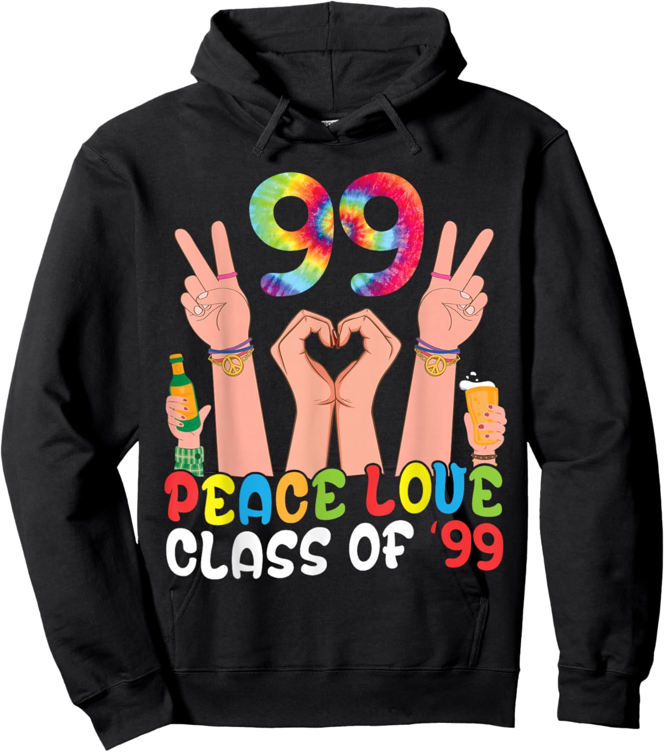 Peace Love Class of 99 Retro Tie Dye 1999 Reunion Senior Hoodie - Hoodie | Black