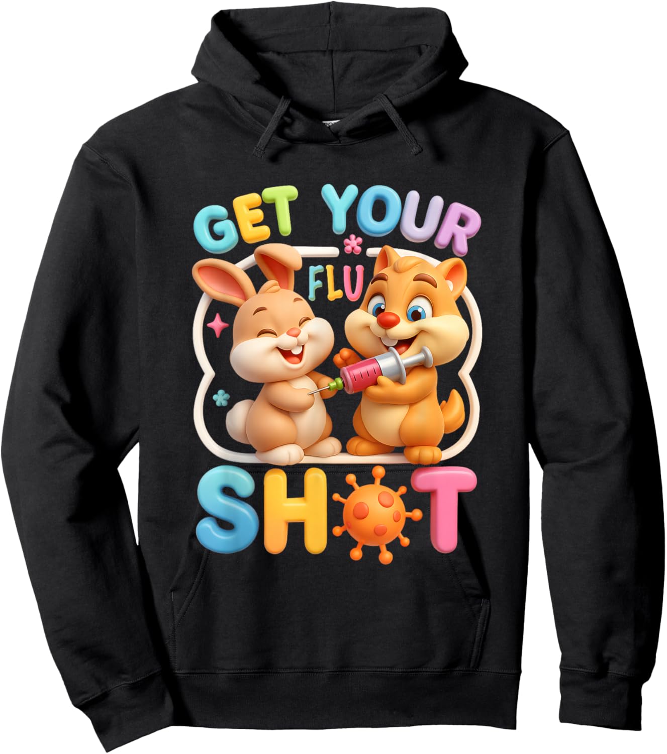 Flu Shot Bunny and Squirrel Funny Medical Vaccine Reminder Hoodie - Hoodie | Black