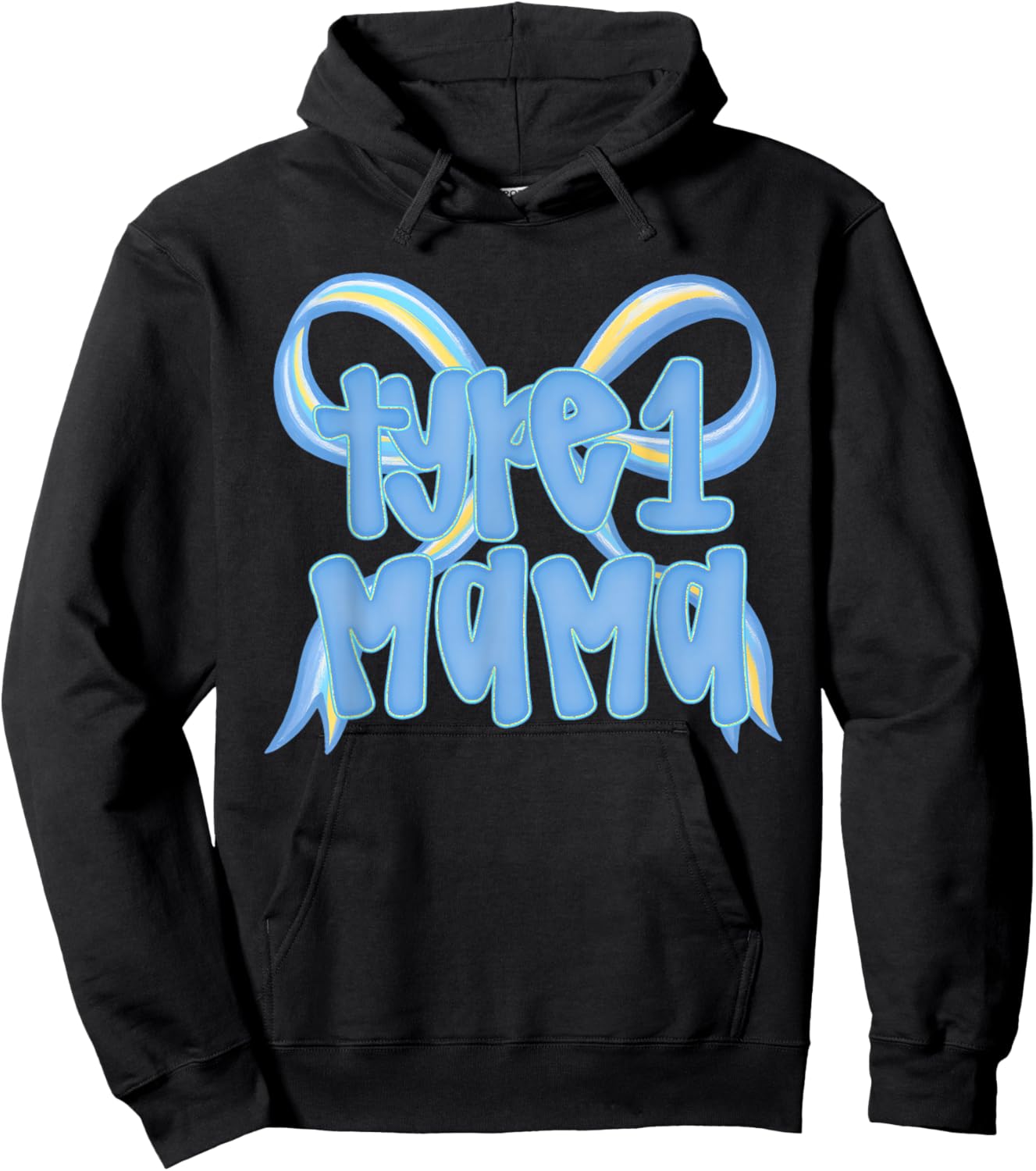 Blue Bow Type One Diabetes Mama, Cute Coquette Type One Mom Hoodie - Hoodie | Black