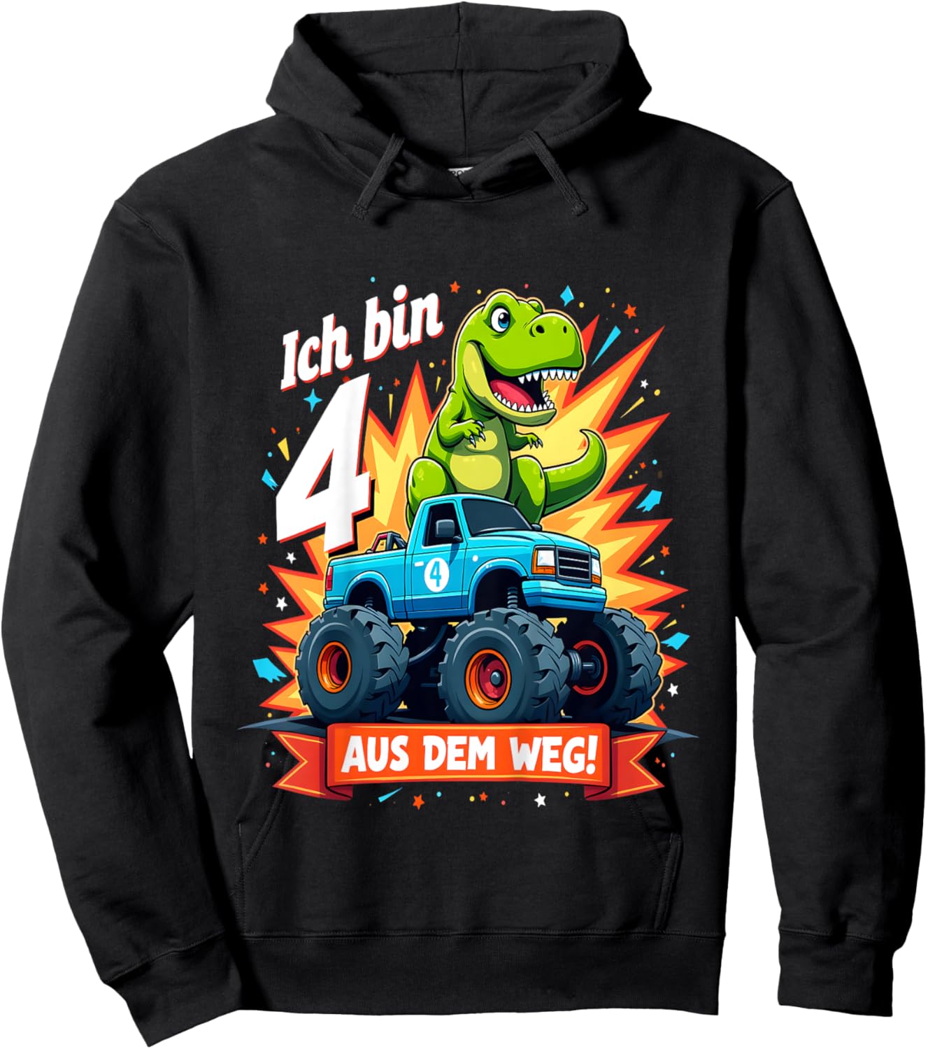 Kinder Ich bin 4 Dinosaurier Monstertruck Kindergeburtstag Hoodie - Hoodie | Black