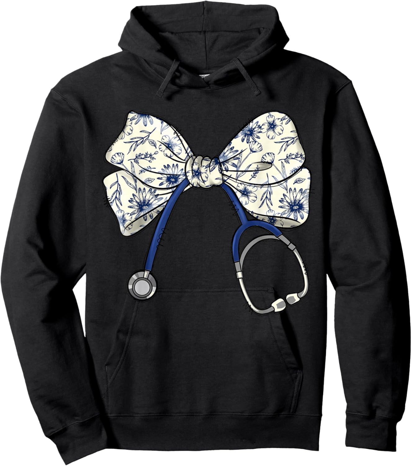Floral Blue Coquette Bow Nurse Stethoscope Nursing Doctor Hoodie - Hoodie | Black