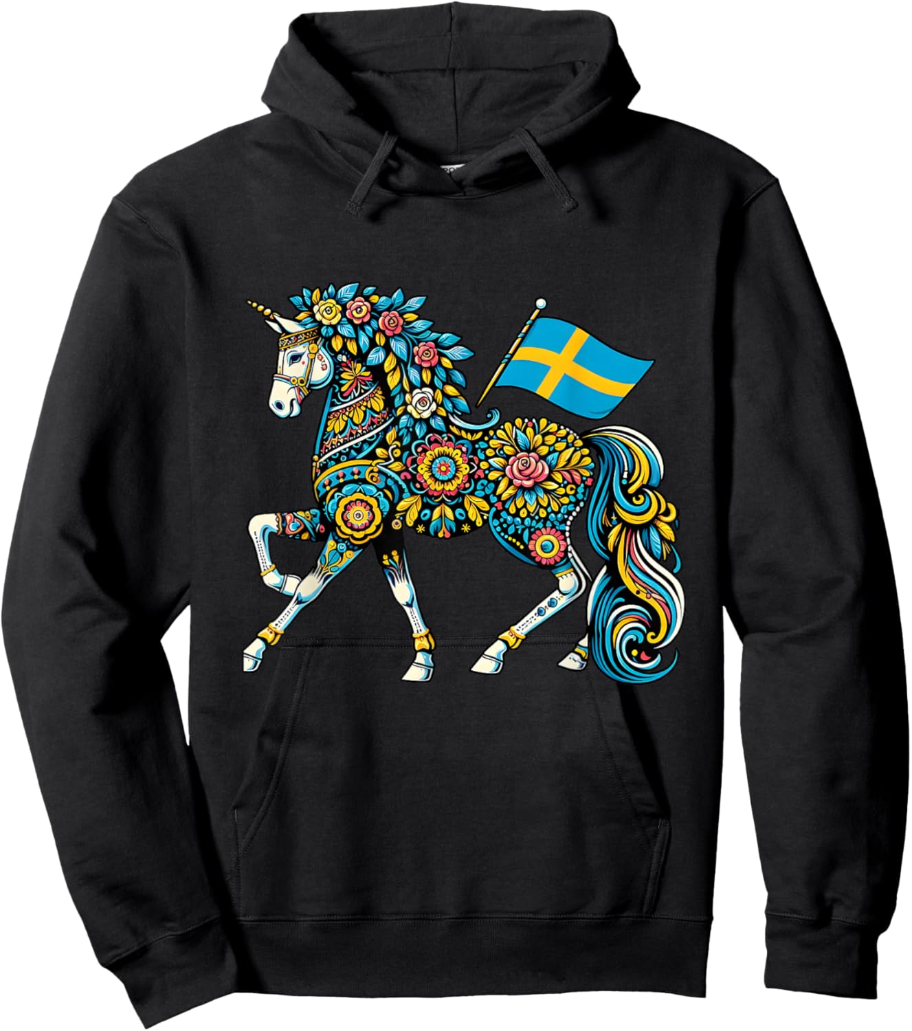 Swedish Dala Horse Folk Art Sweden Flag Dalahelmsoljd Horse Hoodie - Hoodie | Black