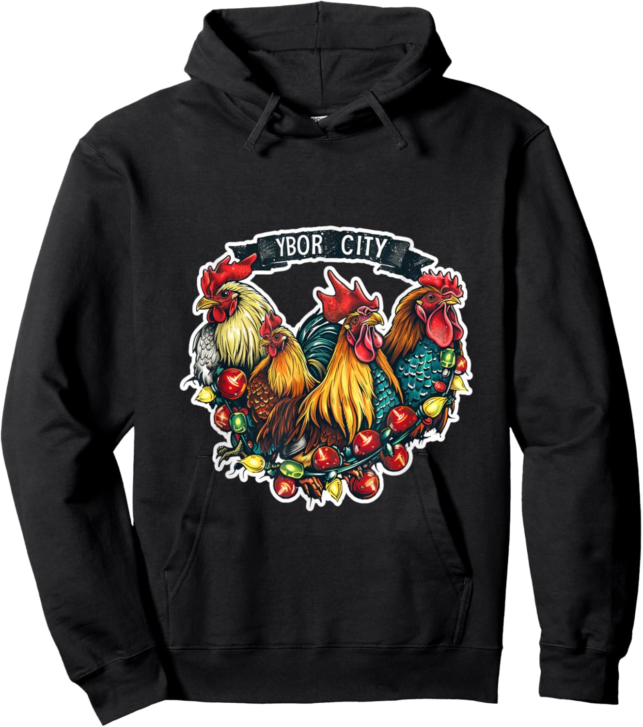 Ybor City Tampa Florida Chickens Roosters Christmas Lights Hoodie - Hoodie | Black