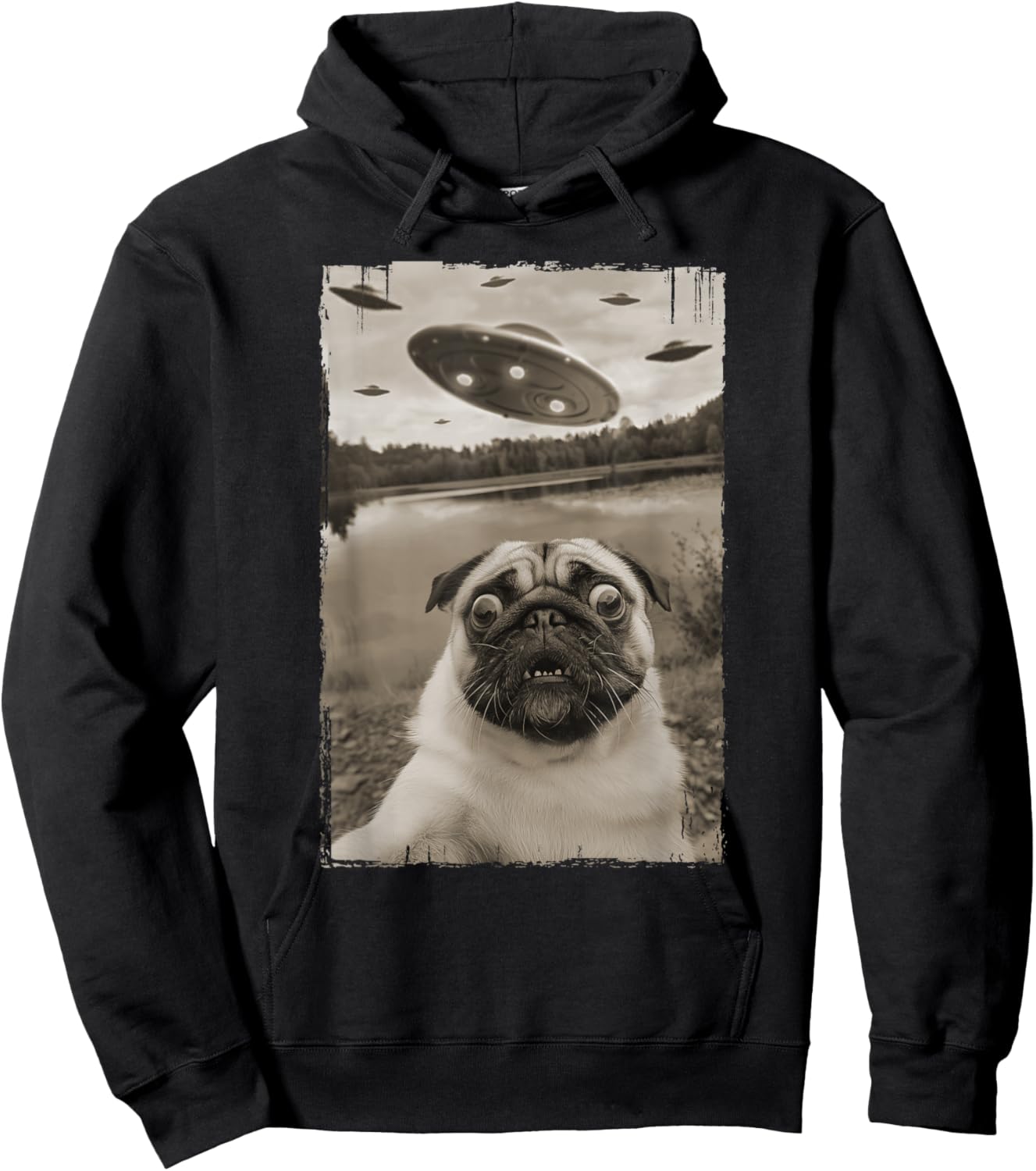 Vintage Pug UFO Encounters - Funny UFO and Pug Selfie Hoodie - Hoodie | Black