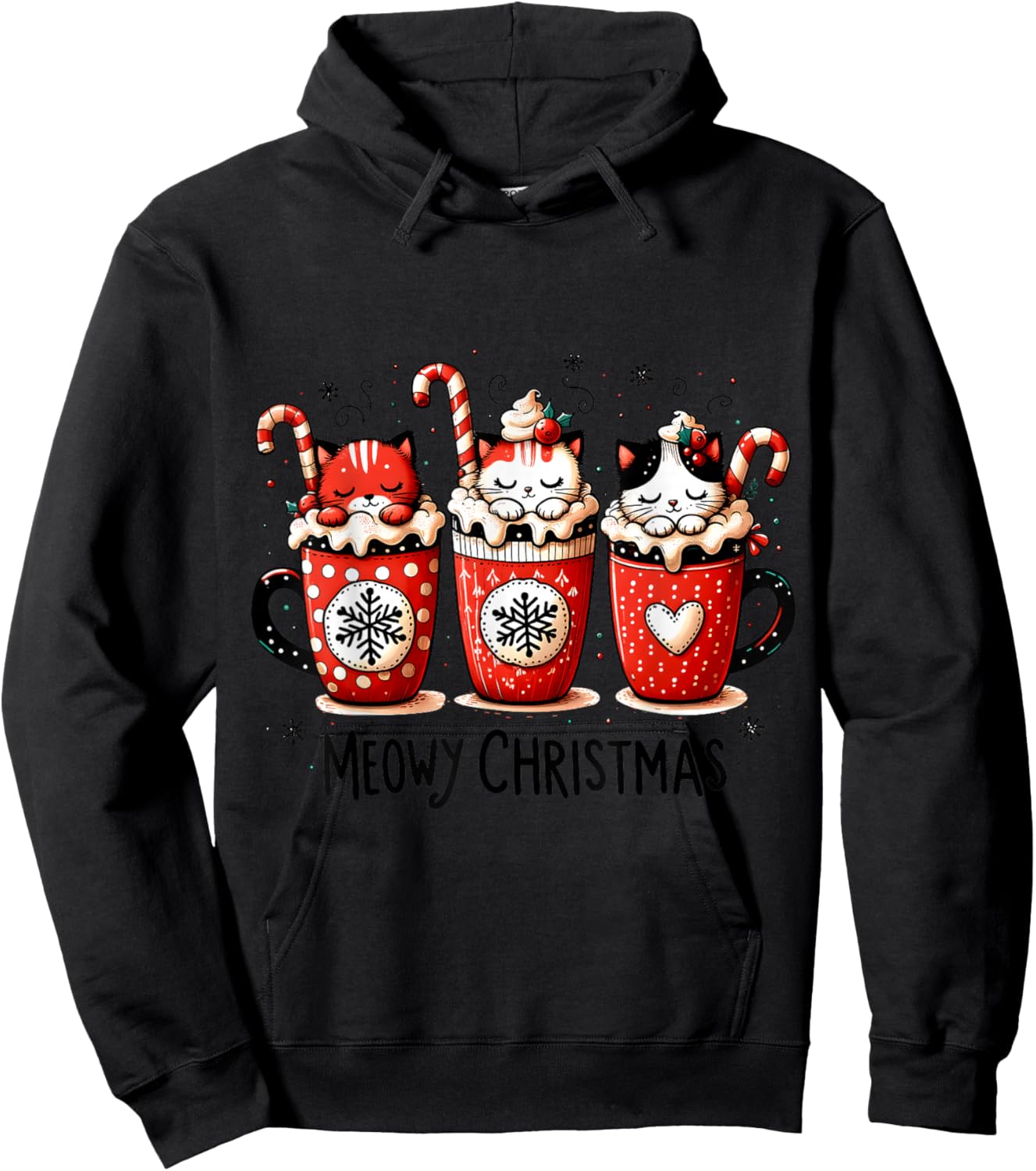 Meowy Christmas Cute Cats and Coffee Merry Xmas Graphic Hoodie - Hoodie | Black