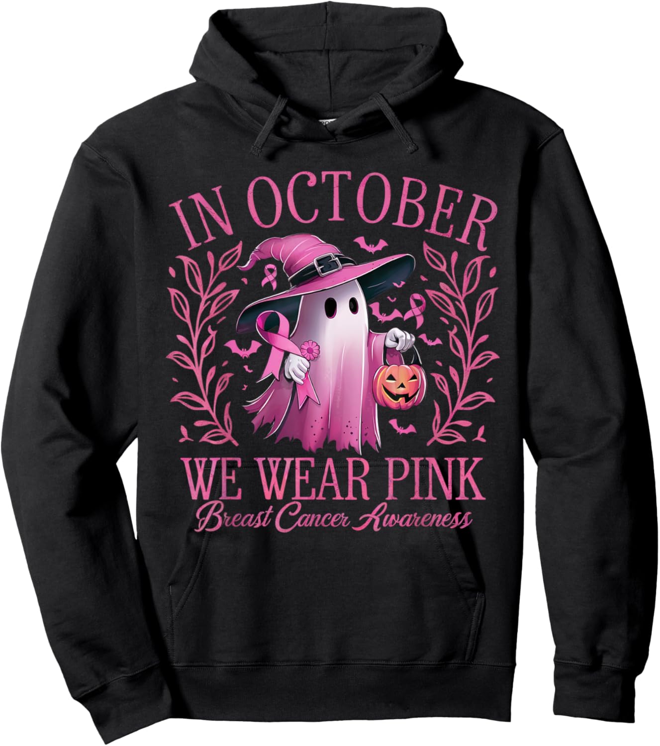 In October We Wear Pink Breast Cancer Awareness Halloween Hoodie - Hoodie | Black