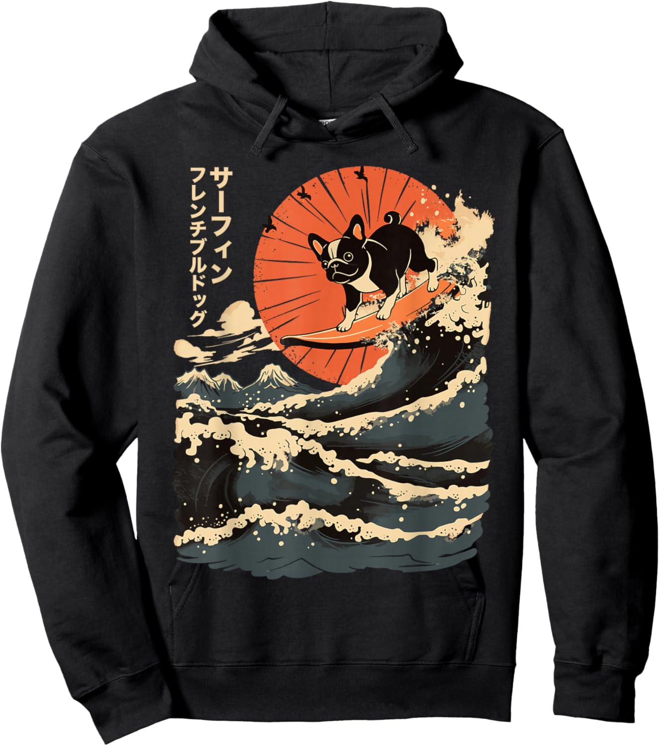 French Bulldog Surfing Japanese Men Women Girls Kids Hoodie - Hoodie | Black