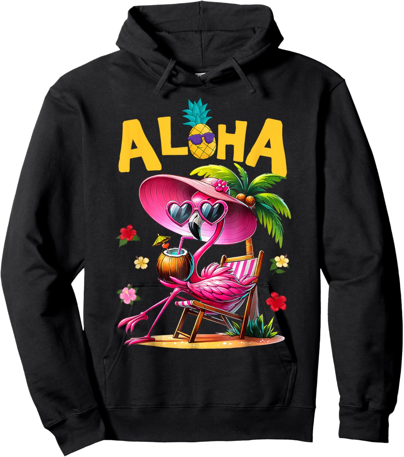 Aloha Flamingo Summer Vibes Beach Palm Tree Summer Vacation Hoodie - Hoodie | Black