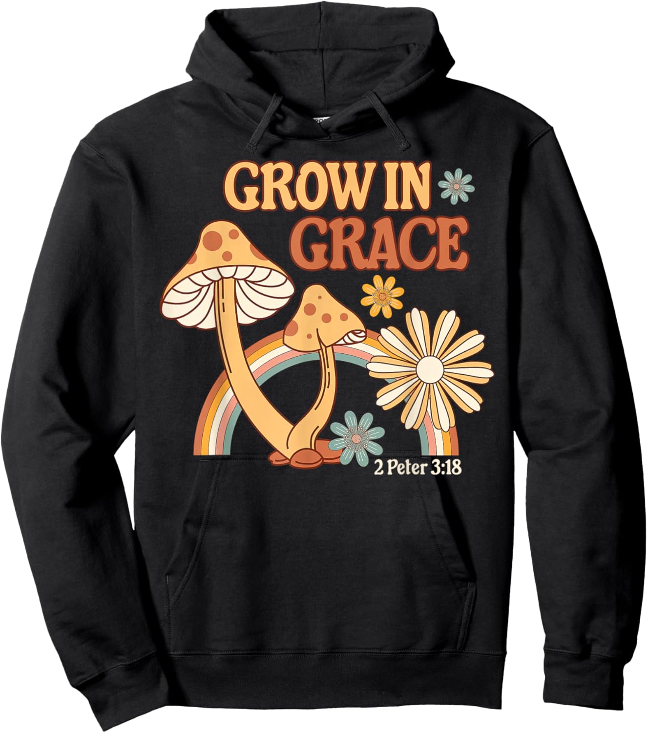 Retro Grow In Grace Mushroom Flower Christian Bible Verse Hoodie - Hoodie | Black