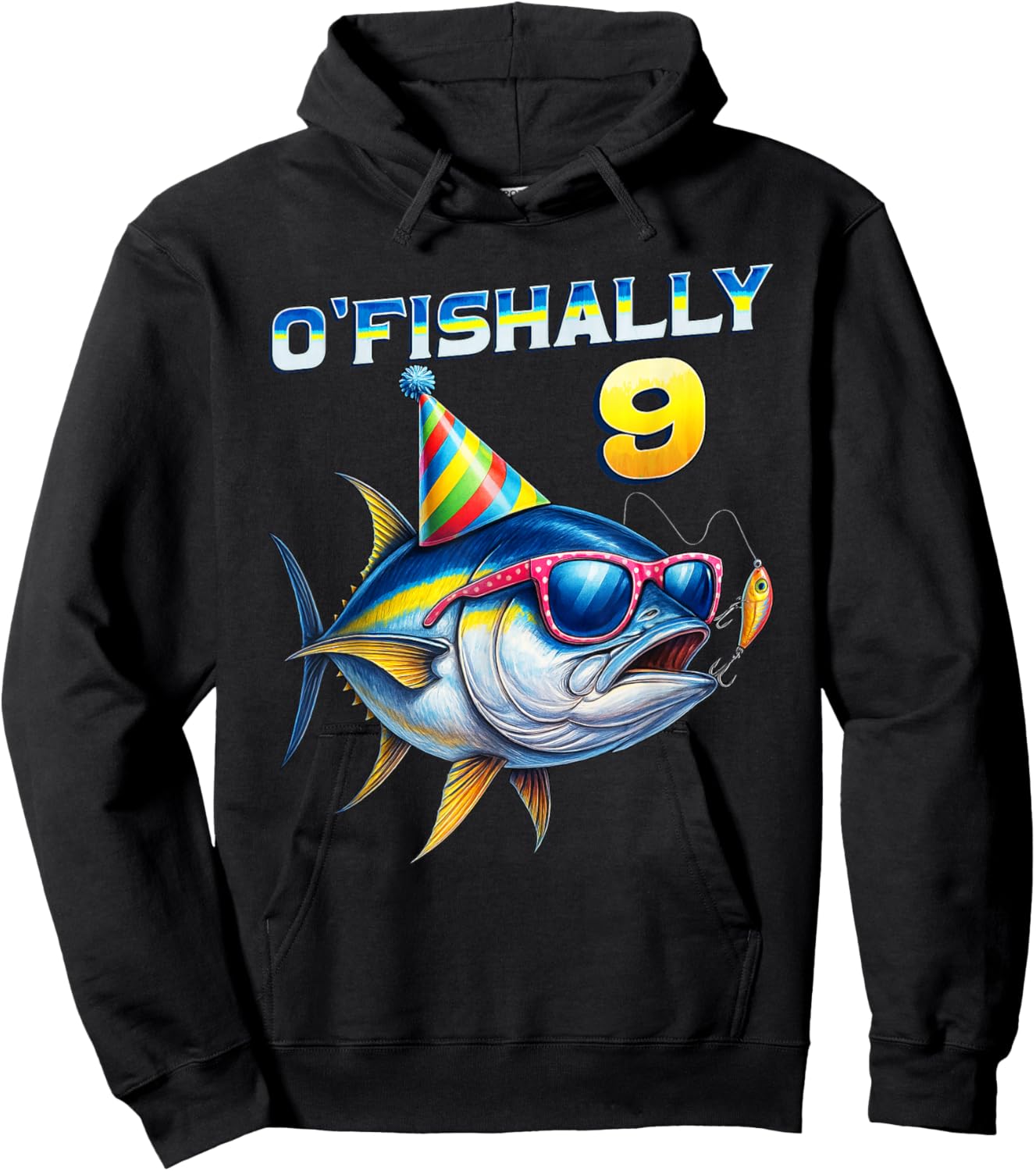 O'fishally 9 Years Old Funny Fishing 9th Birthday Tuna Fish Hoodie - Hoodie | Black