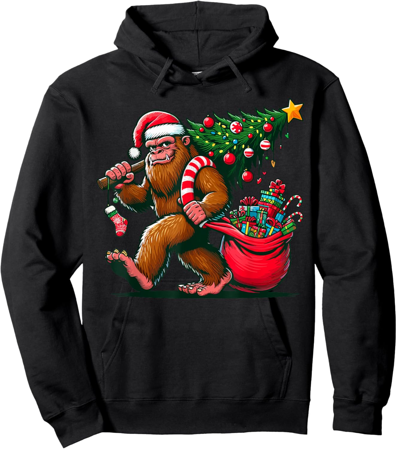 Bigfoot Christmas Tree Lights Xmas Sasquatch - -Adults, Kids - Blue - Small - Short Sleeve - - Cartoon Pattern - Winter Hoodie - Hoodie | Black