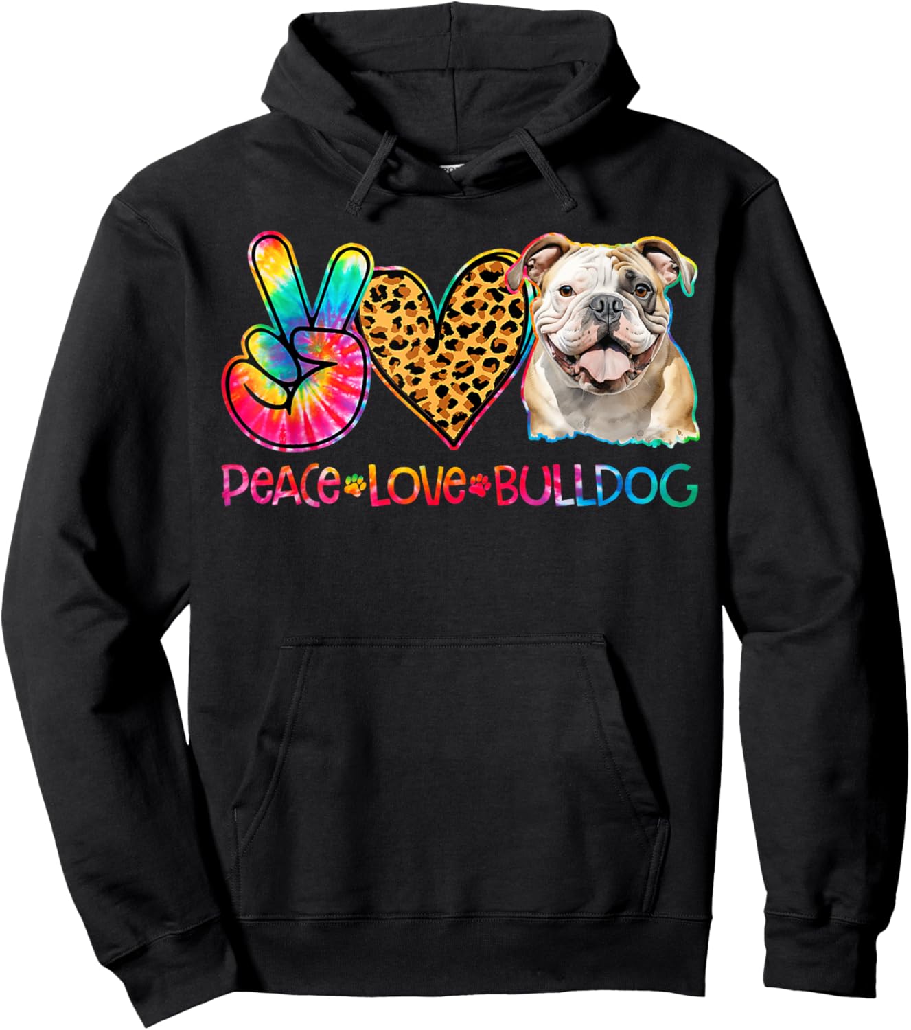 Peace Love Bulldog Tie Dye Dog Lover Hoodie - Hoodie | Black