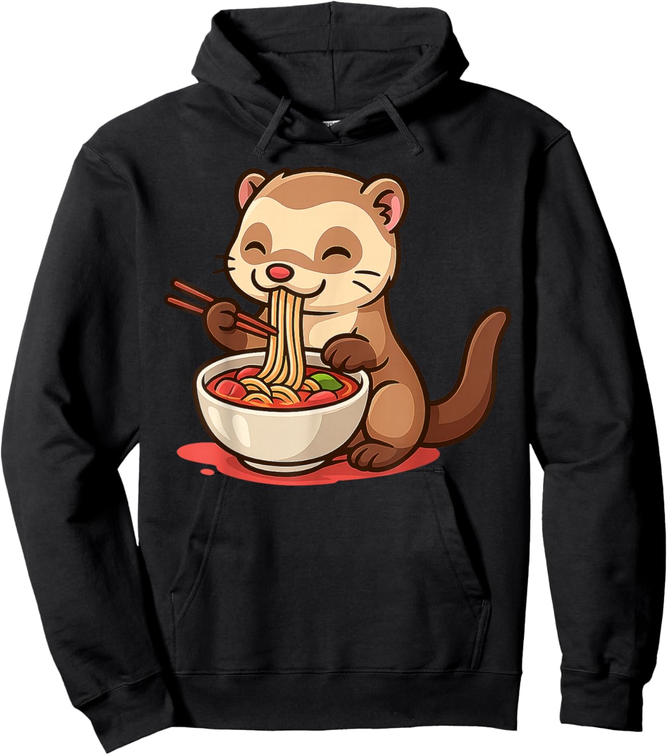 Anime Kawaii Ferret Eating Ramen Noodles Men Women Teen Kids Hoodie - Hoodie | Black