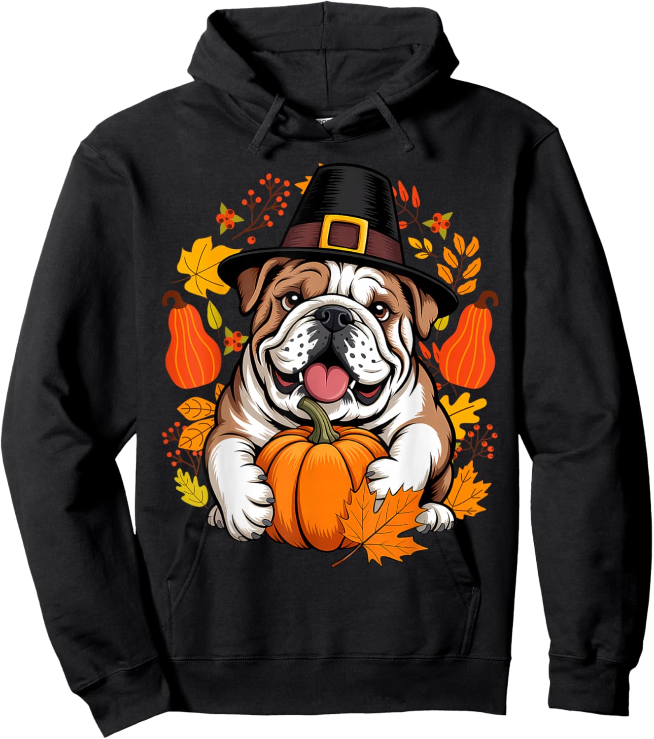 English Bulldog Pumpkin Leaf Thanksgiving Fall Halloween Dog Hoodie - Hoodie | Black