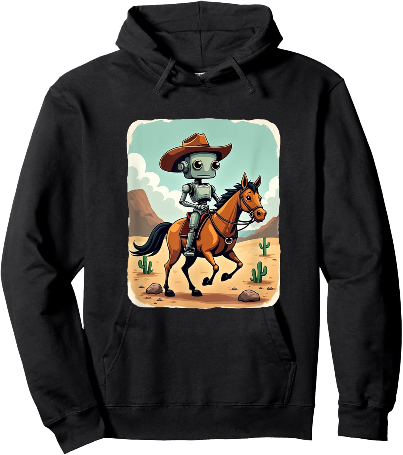 Funny Robot Cowboy Riding Horse Futuristic Western Theme Hoodie - Hoodie | Black