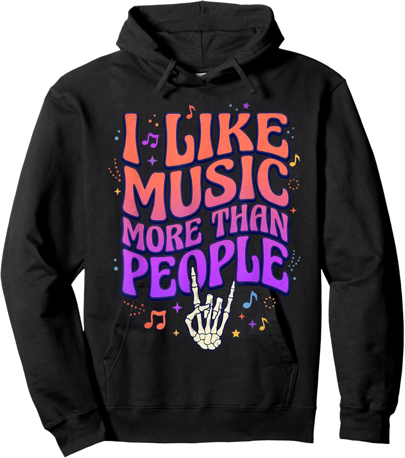 I Like Music More Than People Retro Skeleton Hand Rock On Hoodie - Hoodie | Black