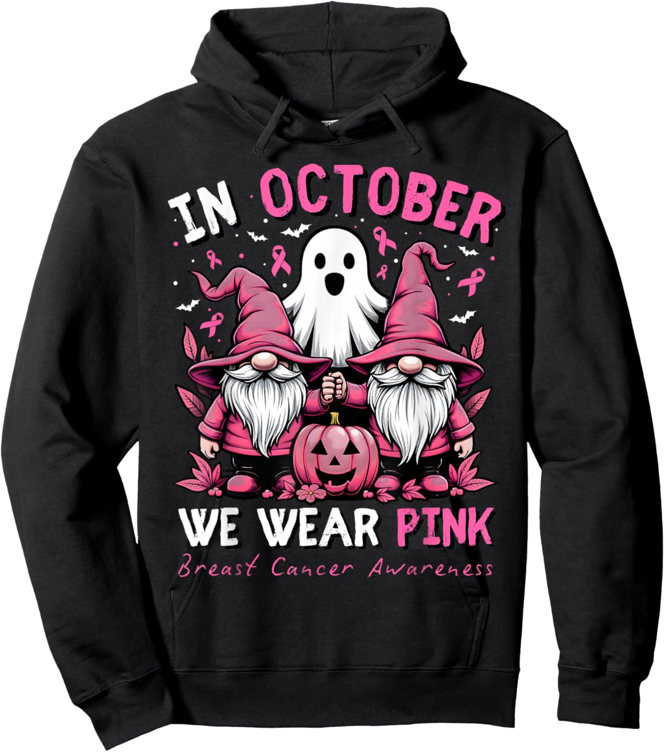 In October We Wear Pink Ghost Gnomes Breast Cancer Awareness Hoodie - Hoodie | Black