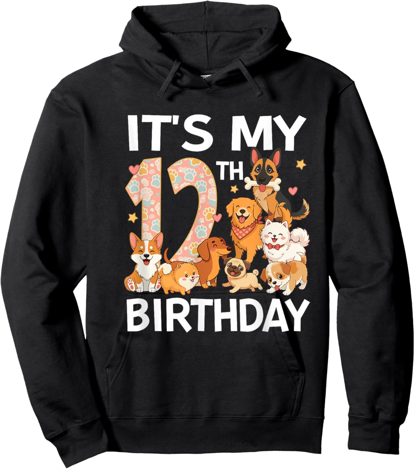 Dog Theme It's My 12th Birthday Party 12 Year Old Dog Lover Hoodie - Hoodie | Black