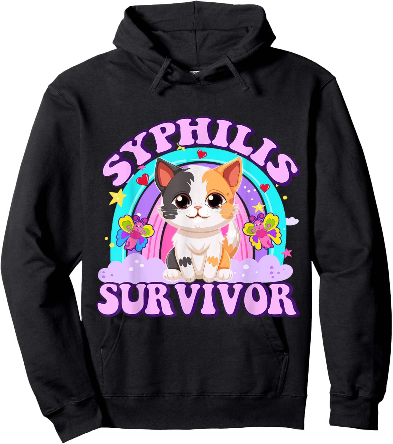 Syphilis Survivor Funny Cat Sarcastic Y2K Inappropriate Meme Hoodie - Hoodie | Black