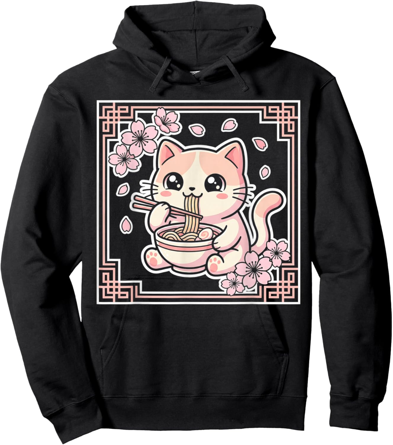 Kawaii Cat Ramen Anime Japanese Cherry Blossom Women Girls Hoodie - Hoodie | Black