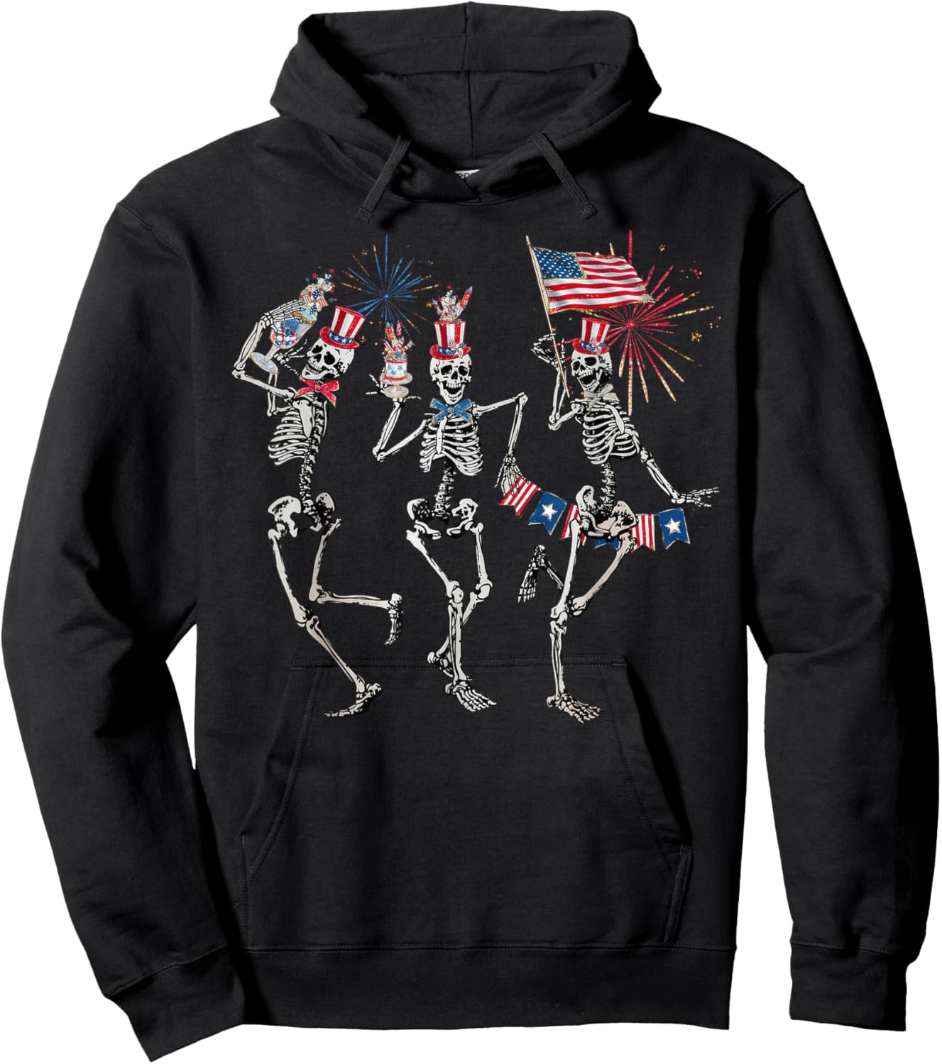 Dancing Skeleton US Flag 4th Of July Fireworks Patriotic Women Men Hoodie - Hoodie | Black