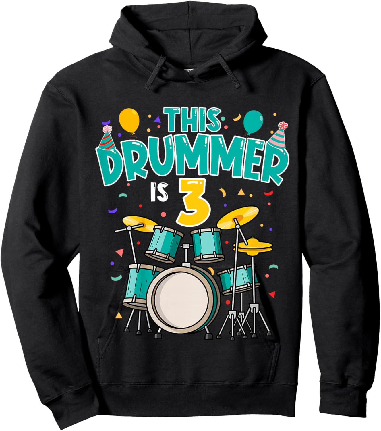 3 Years Old Drummer 3rd Birthday Drum Set Drumming Hoodie - Hoodie | Black