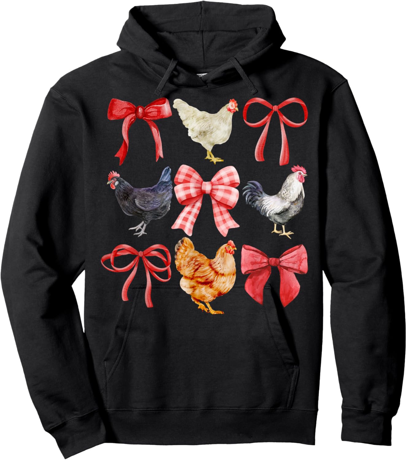 Coquette Chickens, Chickens and Bows, Watercolor Hoodie - Hoodie | Black