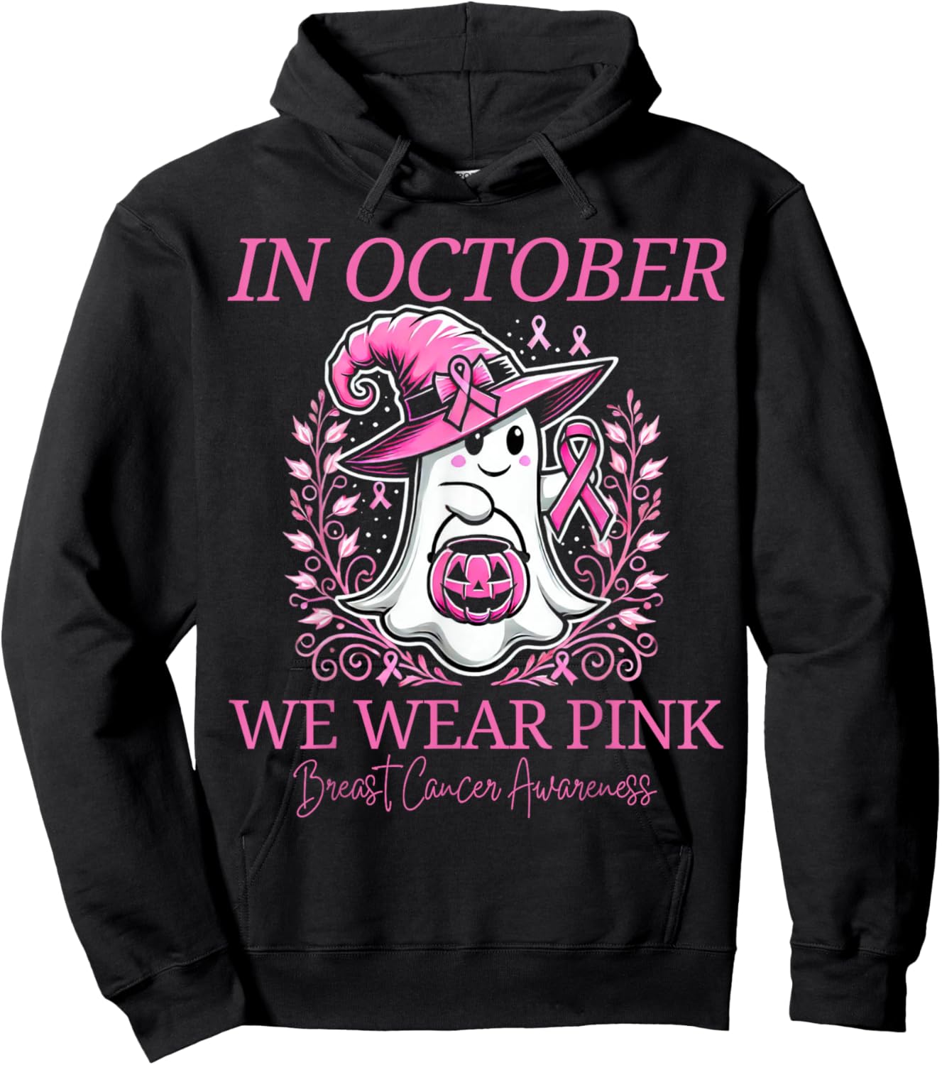 Pink Ghost October Breast Cancer Awareness Halloween Hoodie - Hoodie | Black