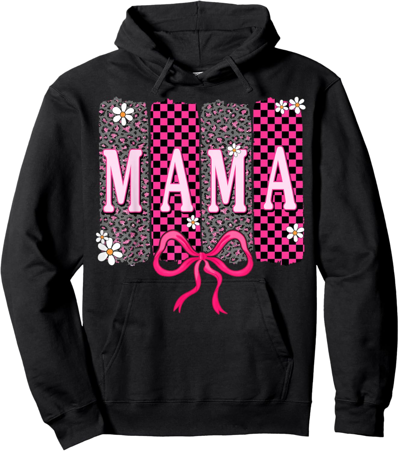Checkered Mama Coquette Bow Mama Flower Mother's Day Leopard Hoodie - Hoodie | Black