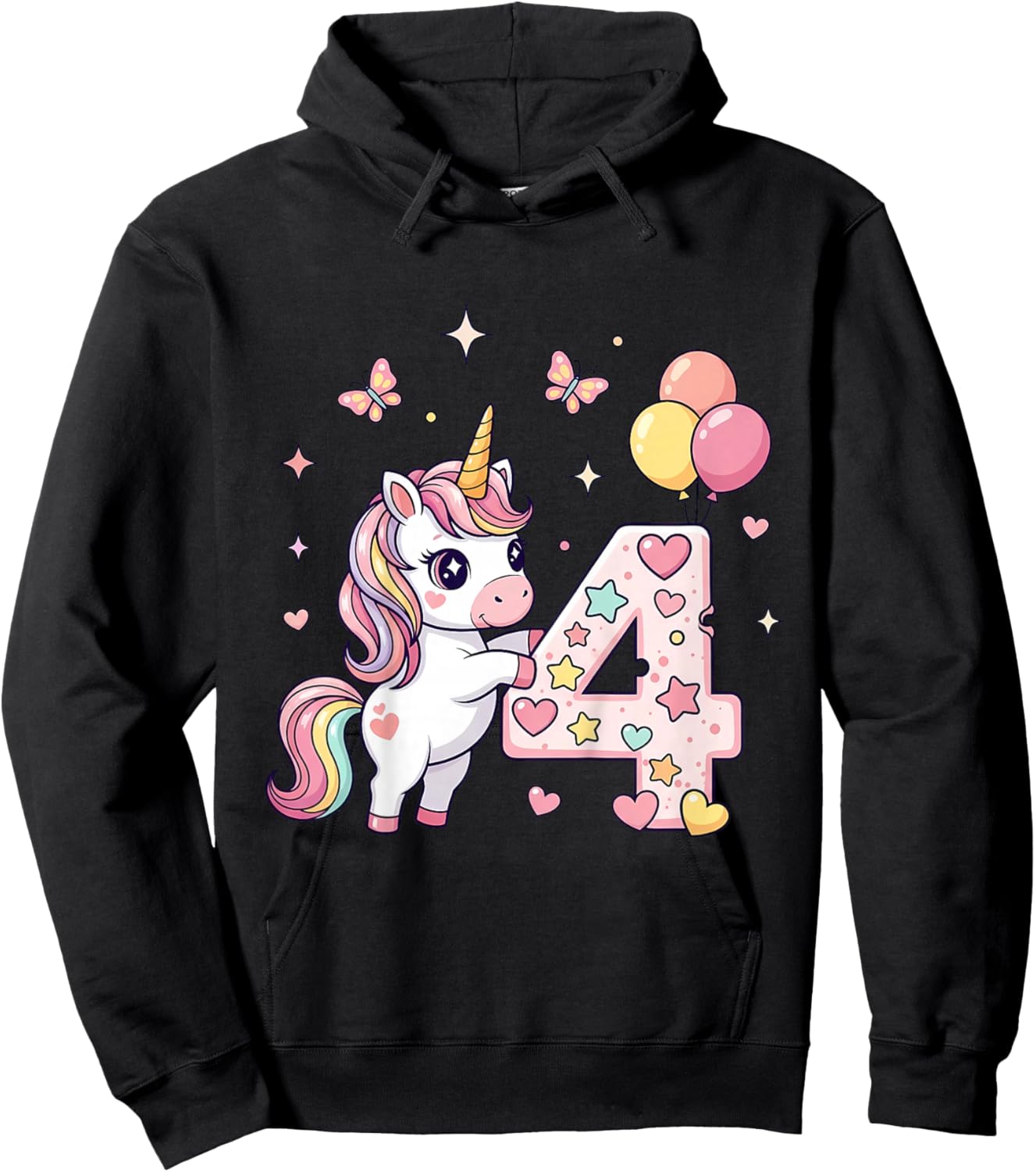 Kids Cute Unicorn 4th Birthday Party Outfit for Girls 4 Years Old Hoodie - Hoodie | Black