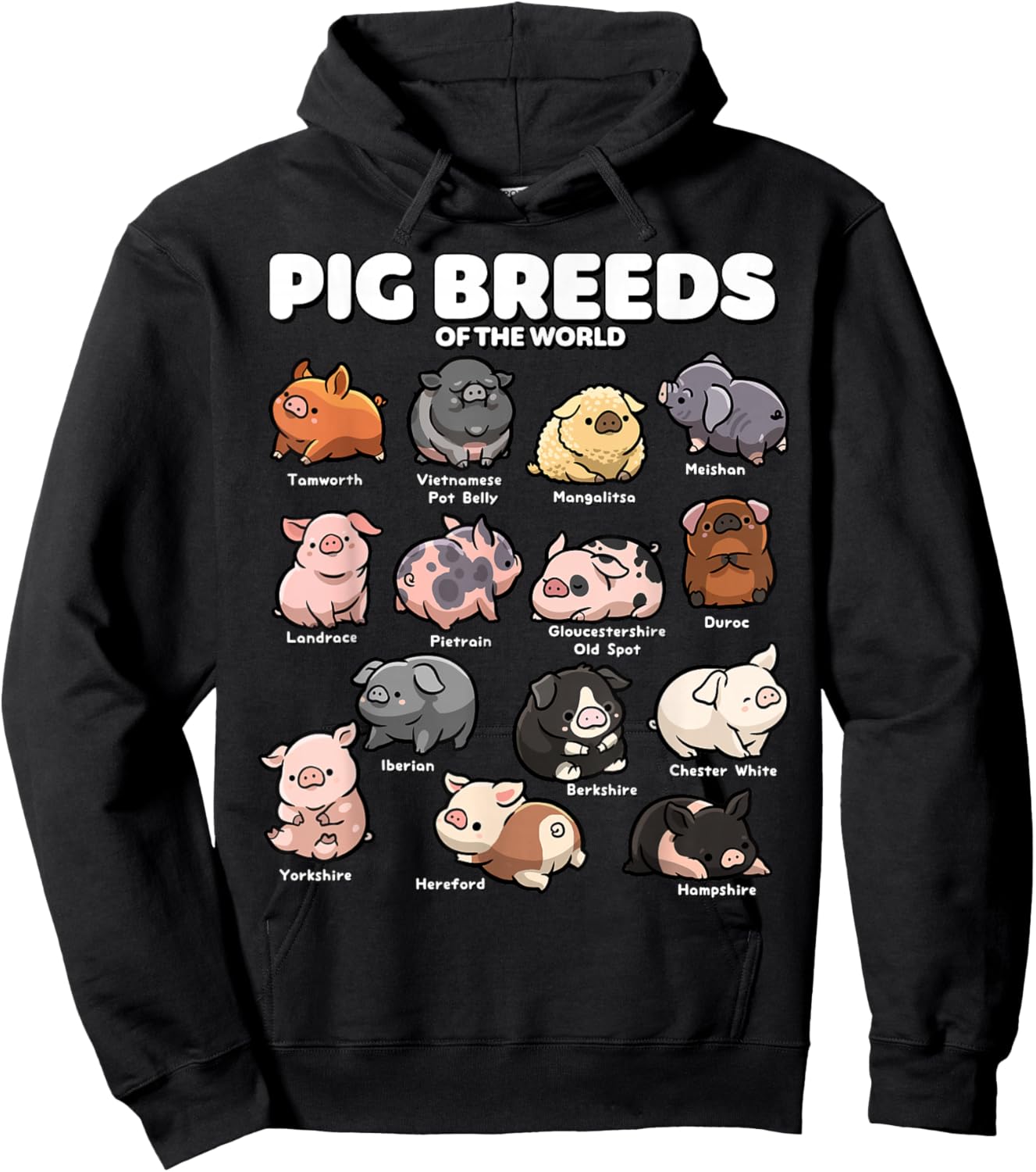 Cute Pig Breeds of the World Funny Farm Animal Lovers Hoodie - Hoodie | Black